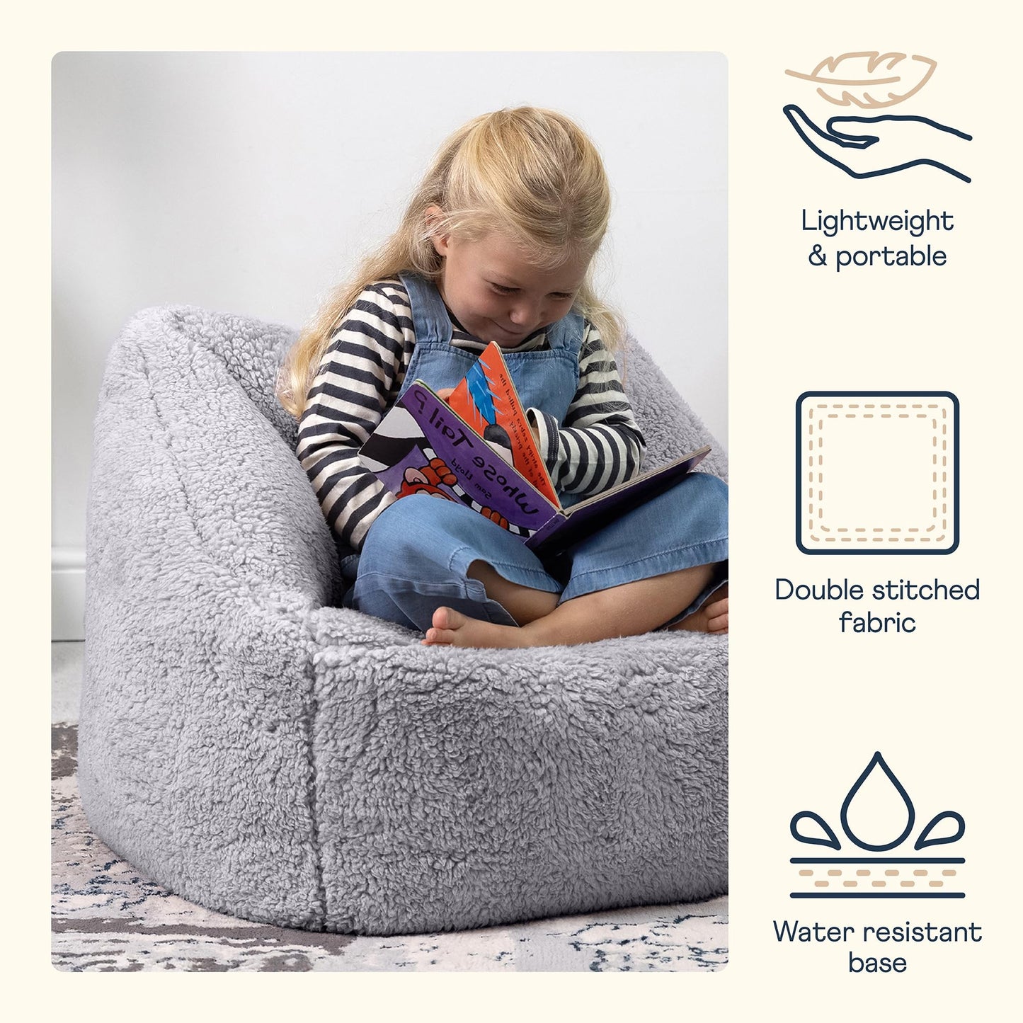 icon Kids Teddy Fleece Bean Bag Chair, Grey, Fluffy Kids Bean Bag Armchair with Filling Included for Girls and Boys, Childrens Chair, Nursery Dcor,
