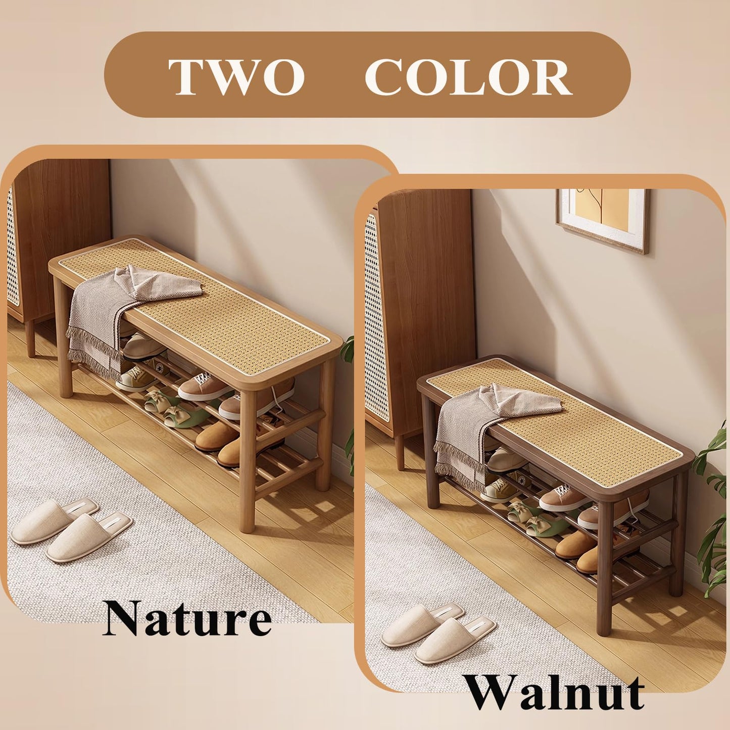 SOBIBO Bamboo Shoe Rack Bench with Rattan Seat, 3-Tier Shoe Storage Bench, Entryway Bench for Hallway，Nature-31.5 inches
