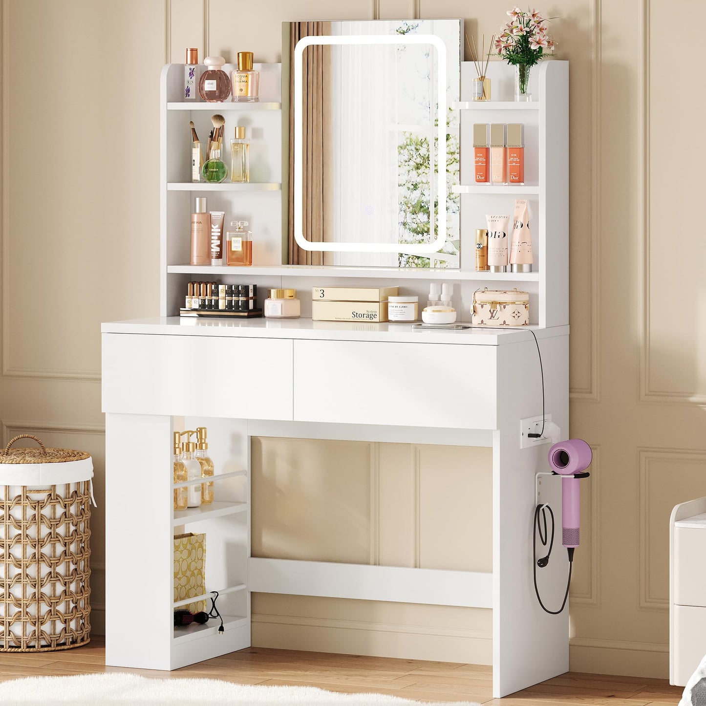IRONCK Dressing table with LED Lights, Vanity desk with Mirror 40x90x145 cm