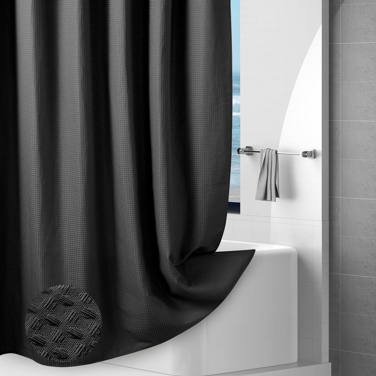 Hotel-Quality Black Waffle Shower Curtain, Water Repellent Bath Curtain Prevents Water Escaping, 256GSM Thick Heavy Duty Fabric Texture Wet Room