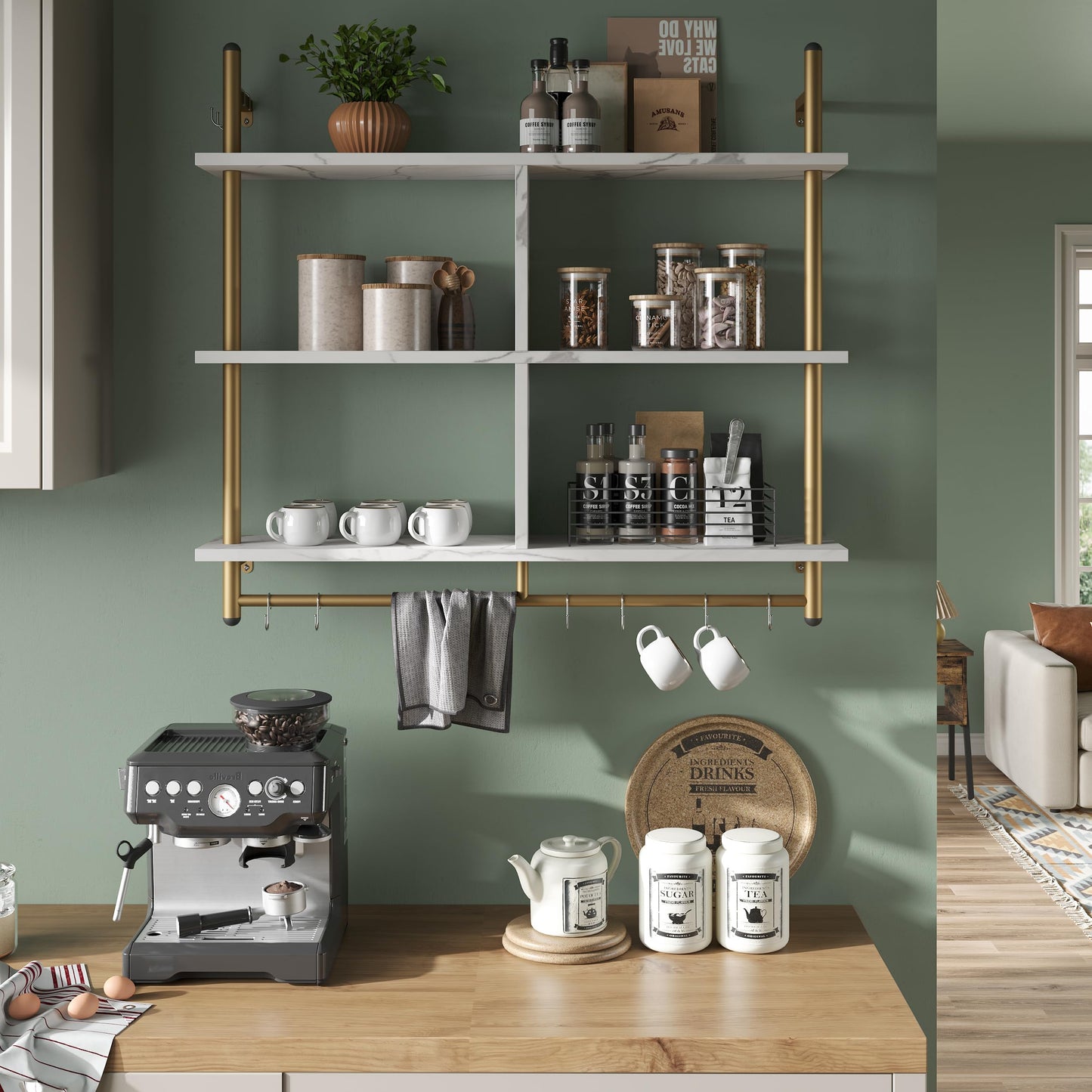Bestier 3 Tier Floating Pipe Shelving 115CM Industrial Wall Mounted Ladder Shelf Hanging with Circular Tube with Hooks Wood Display Storage Home Decor