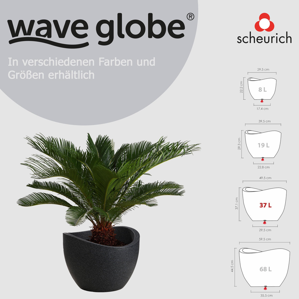 Scheurich Wave Globe, Planter made of Plastic, Black-Granite, 50 cm diameter, 37 cm height, 37 l Vol.