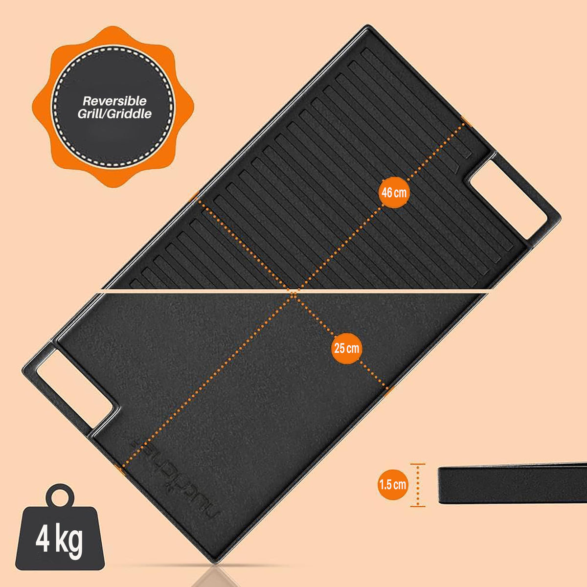 Nutrichef Reversible Cast Iron Grill Plate  45.7cm x 25.4cm, Flat & Ridged Griddle Pan for Hob, Oven & BBQ, Induction & Gas Safe, Stain-Resistant &