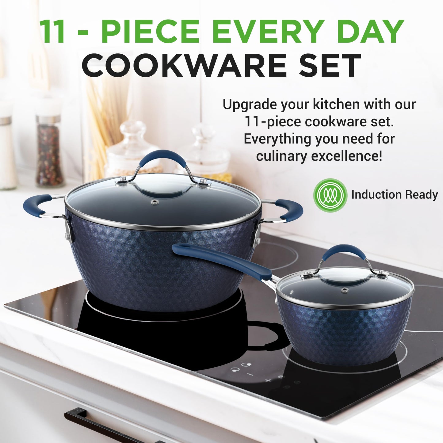 Nutrichef NCCW11DS Pots and Pans Set Cookware, Reinforced Forged Aluminum Metal, Engineered Nylon Silicone, Tempered Glass, Blue Diamond