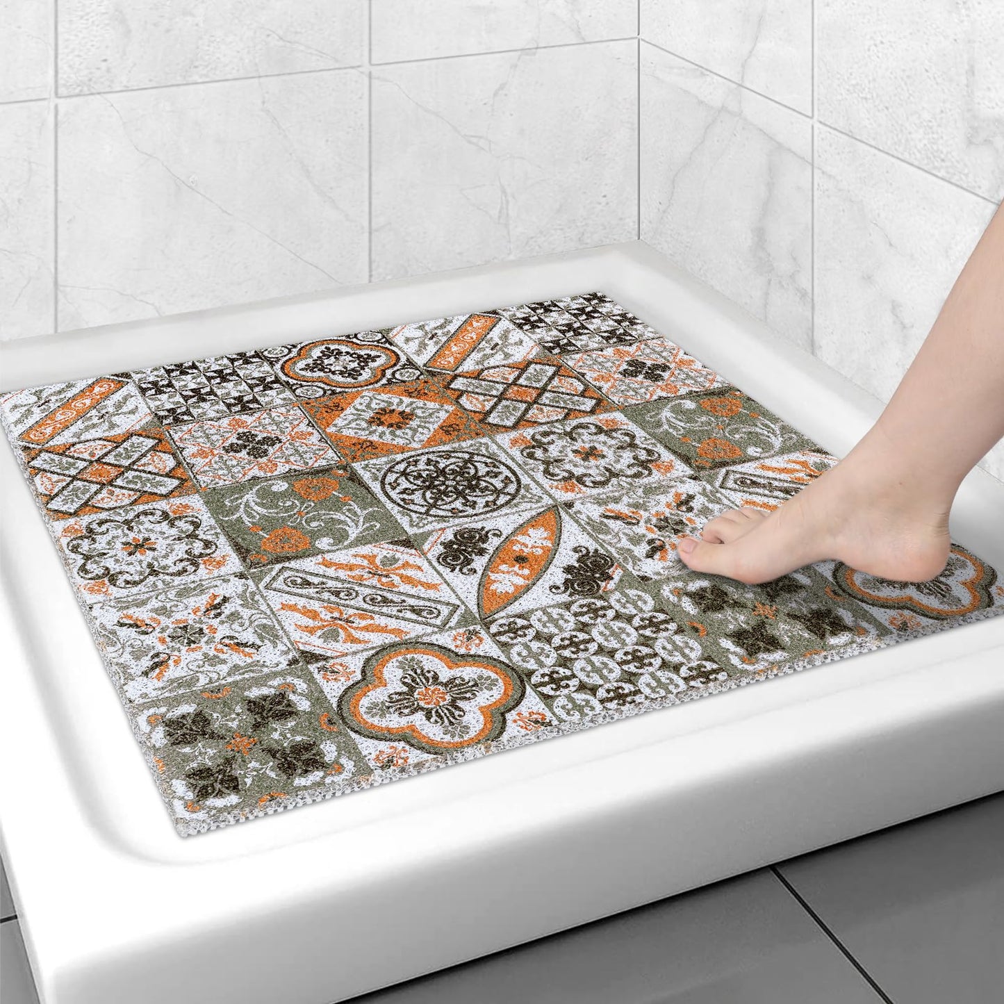 Capslpad Square Shower Mat 53x53cm-Non-Slip Anti-Mould PVC Bath Mat, Soft Quick Dry Loofah Texture with Drain Holes