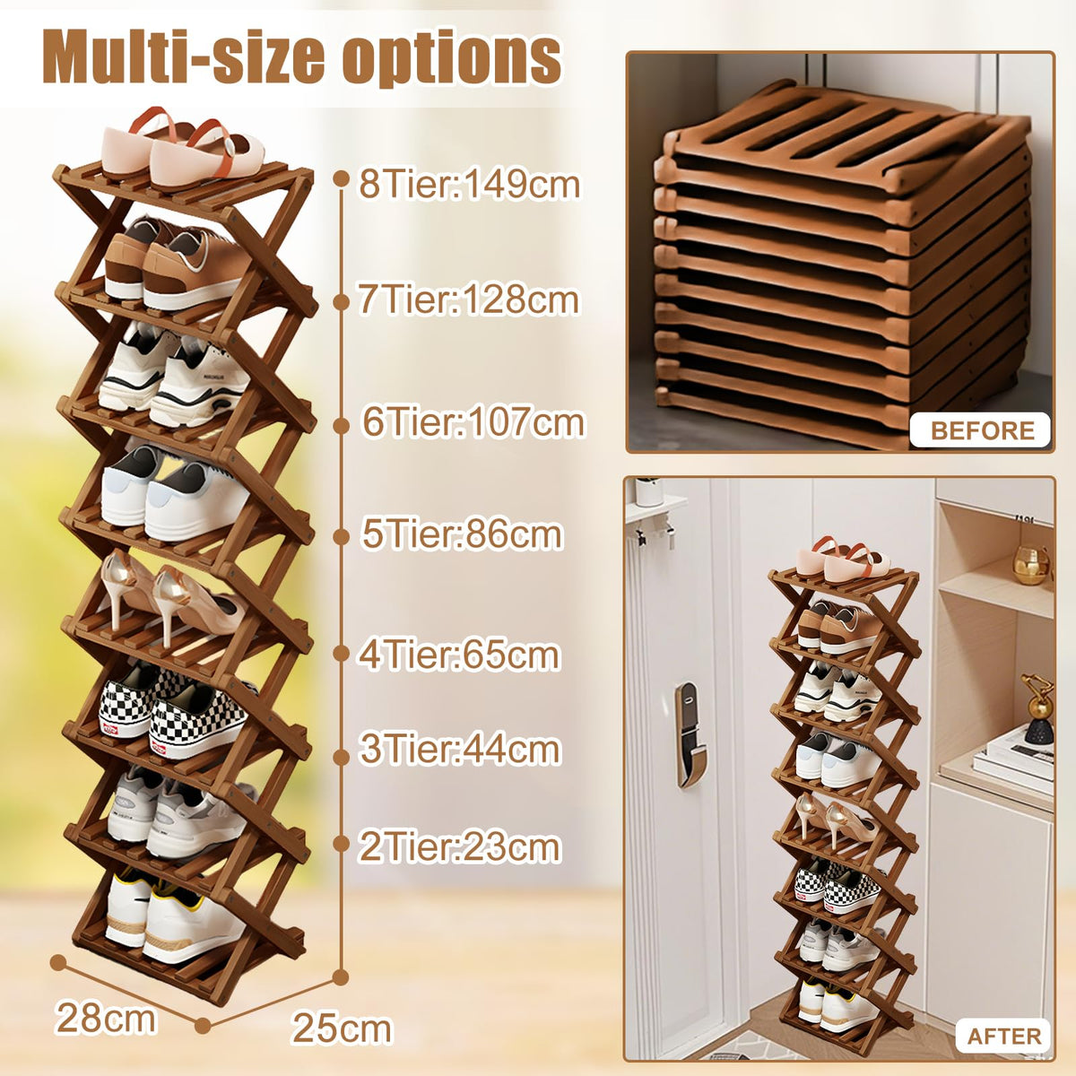 Kiss Me 6-Tier Bamboo Foldable Shoe Rack, Vertical, Space-Saving, Brown