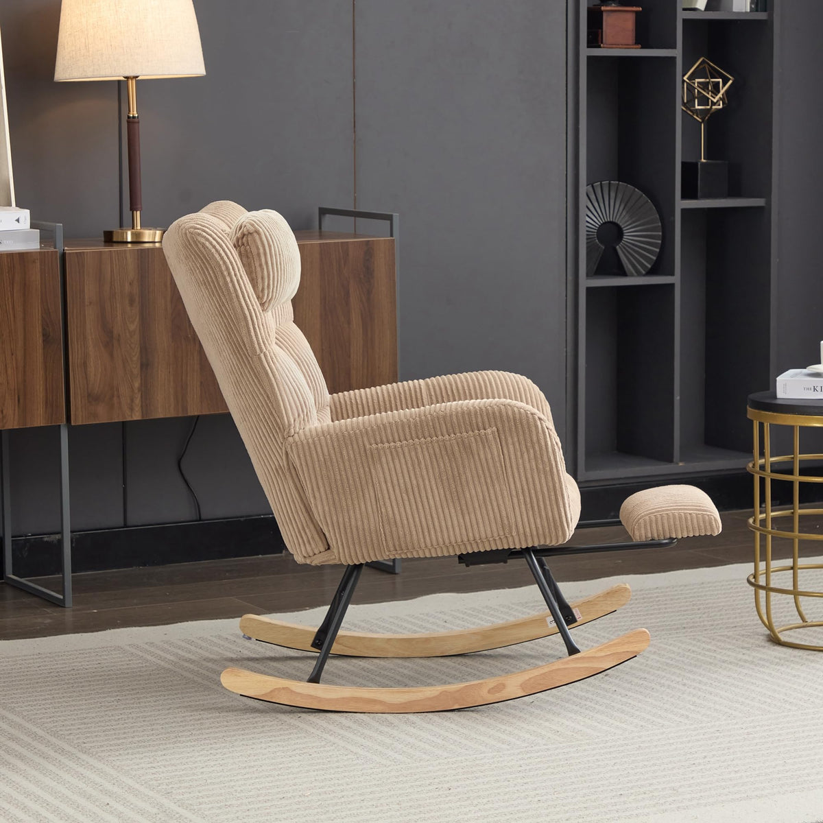 ModernLuxe Rocking Chair Fabric Lounge Armchair with Wooden Rocker Legs,Adjustable Footrest & Headrest, Side Pocket Storage, High Backrest – Brown