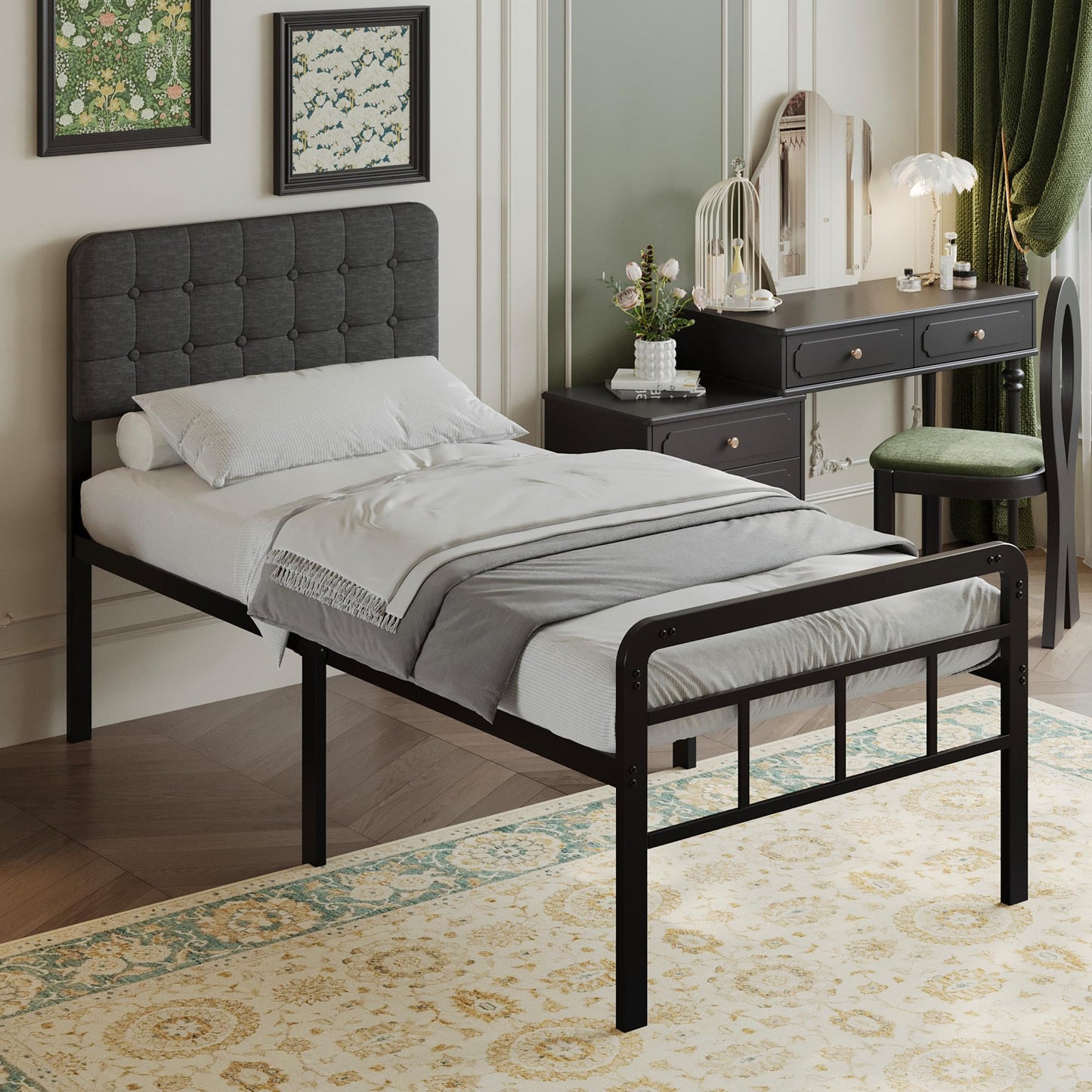 EMODA Small Single Bed Frame with Upholstered Headboard and Footboard
