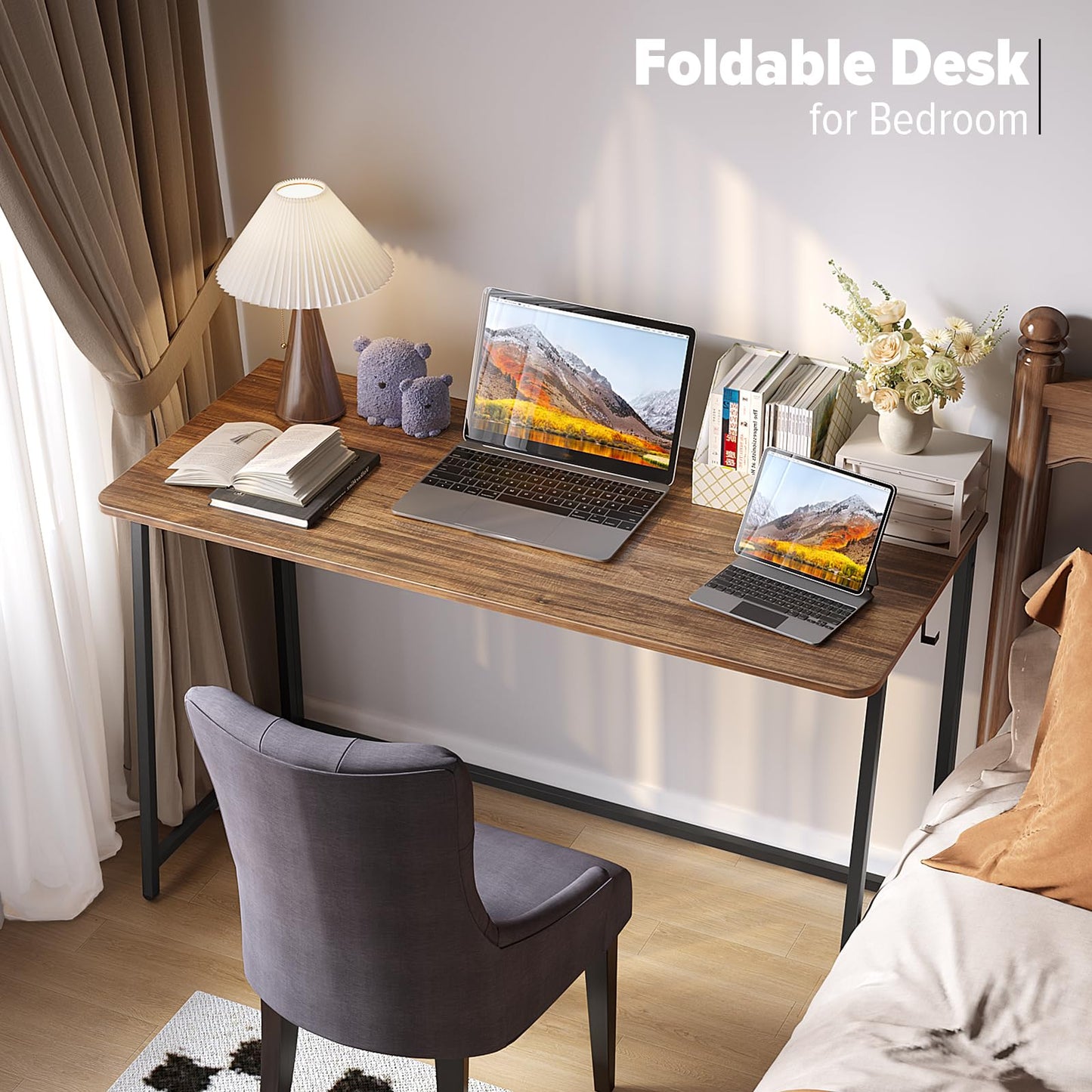 WOHOMO Folding Desk, 120cm Foldable Computer Desk for Bedroom, Walnut