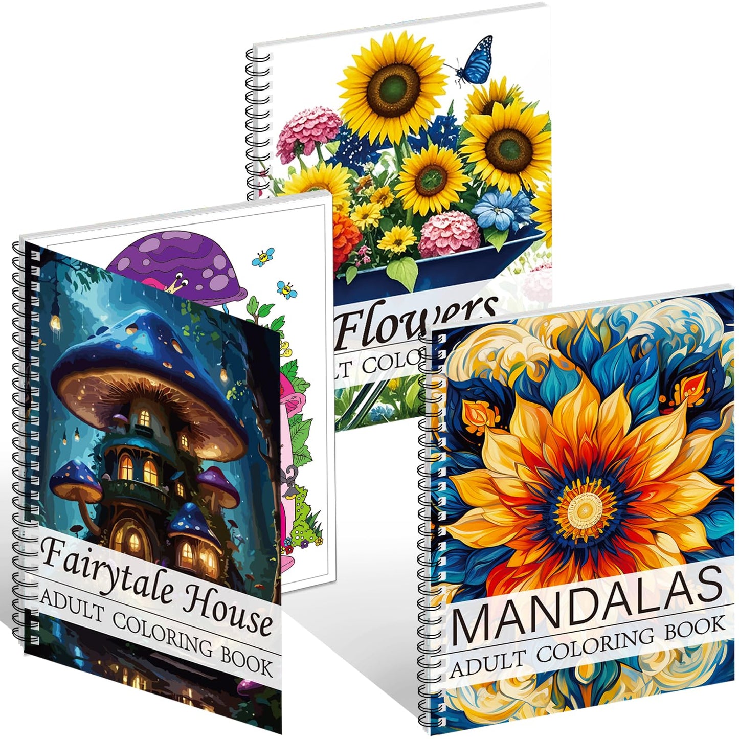 Aannanl Adult Colouring Books Set of 3 Colouring Books for Adults Relaxation Include Mandalas,Flowers and Fairytale House Theme, Spiral Colour Book