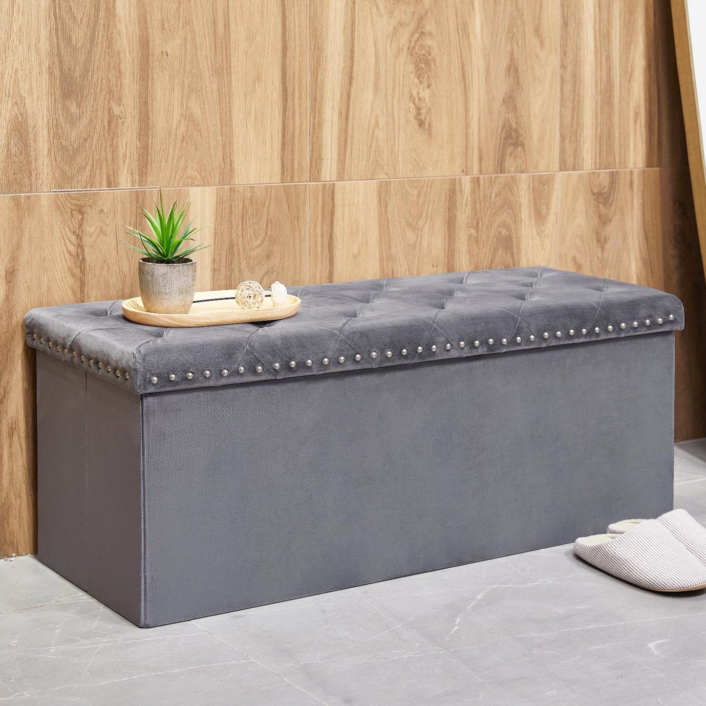 Bonlife Grey Velvet Ottoman Storage,Extra Large End of Bed Storage Box with Lids,Footstool Folding Ottoman Bench Window Seat with Rivet,110x40x40cm