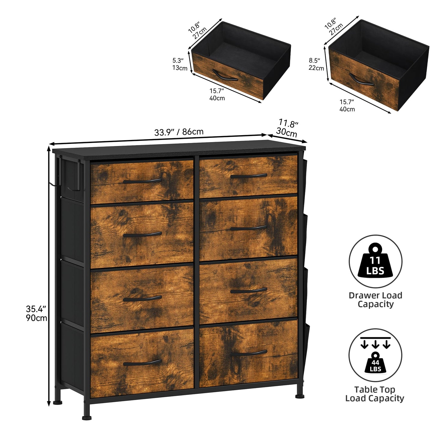 DWVO Chest of Drawers with 8 Drawers, Fabric Chest Drawers with Side Pocket&Hooks,Easy Pull Handle,Sturdy Steel Frame for Bedroom,Living Room,Rustic