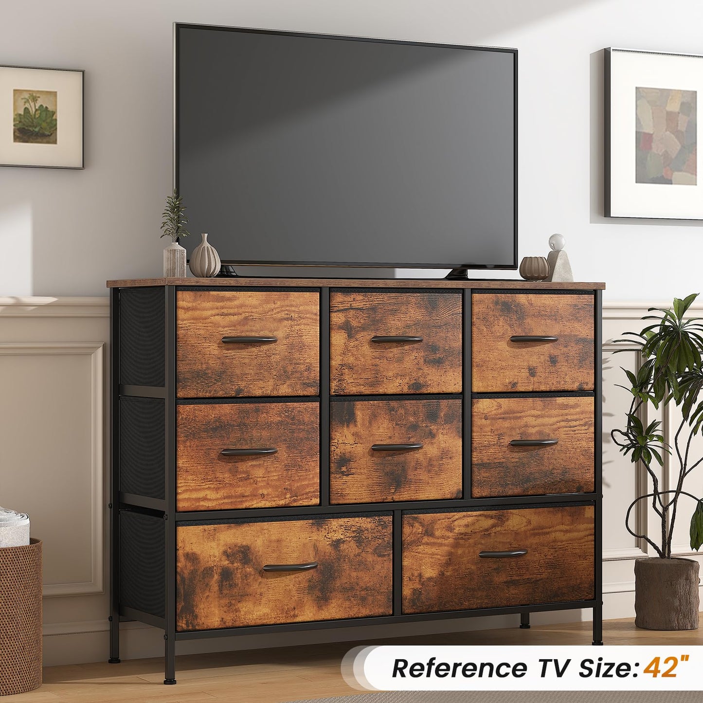 Feonase Chest of Drawers, Bedroom Dresser with 8 Fabric Drawers, Metal Frame & MDF Wood Top, Adjustable Feet, Storage Organizer Unit for Bedroom