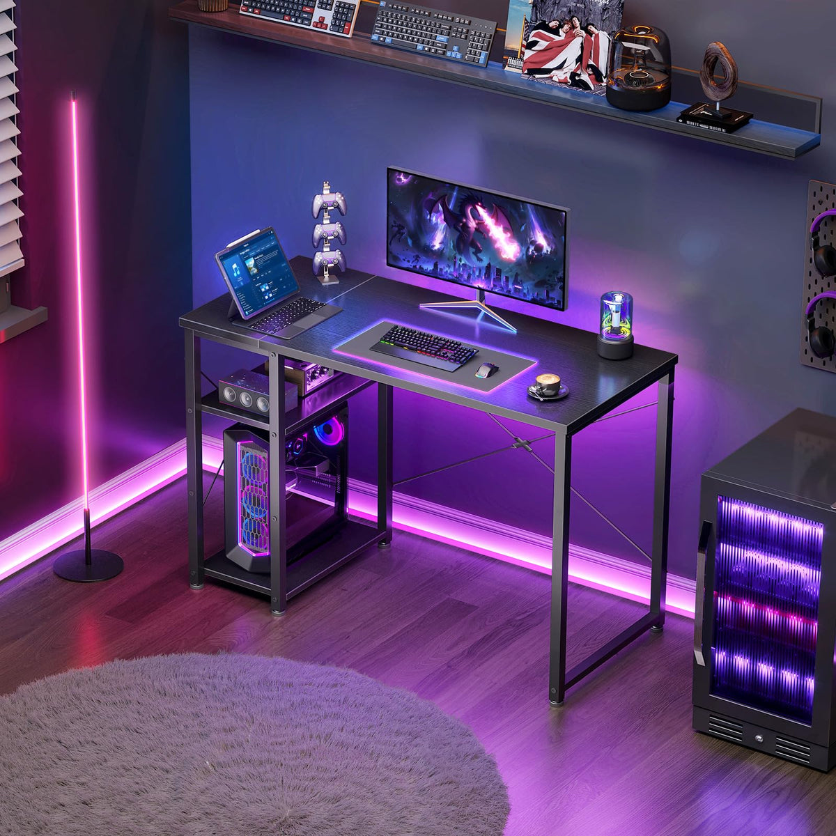 ODK Gaming Desk with Shelves, Small Computer Desk, 100 x 48 cm, Black