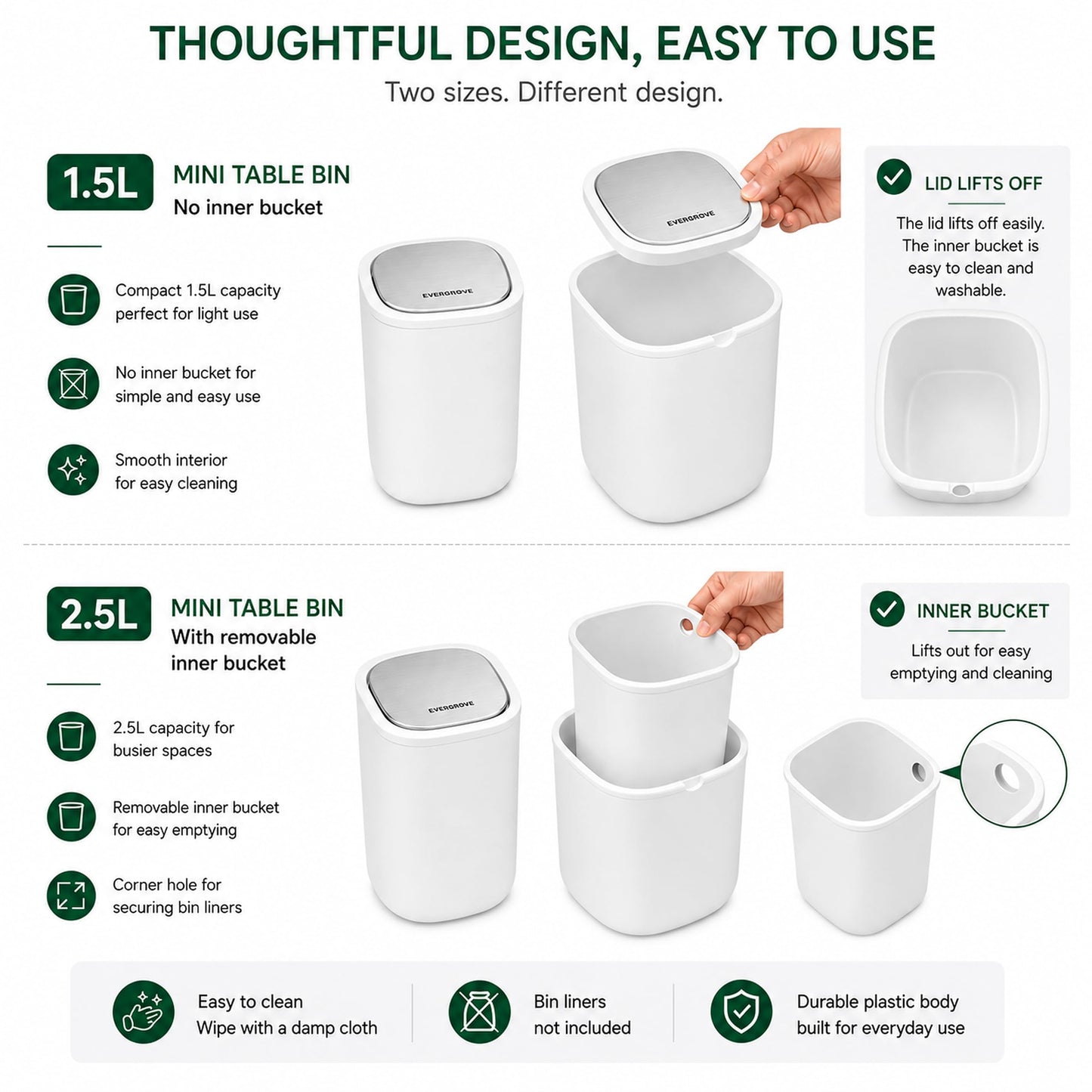 EverGrove Mini Table Bin,Desktop Trash Can (Arctic White, 1.5, Litres)