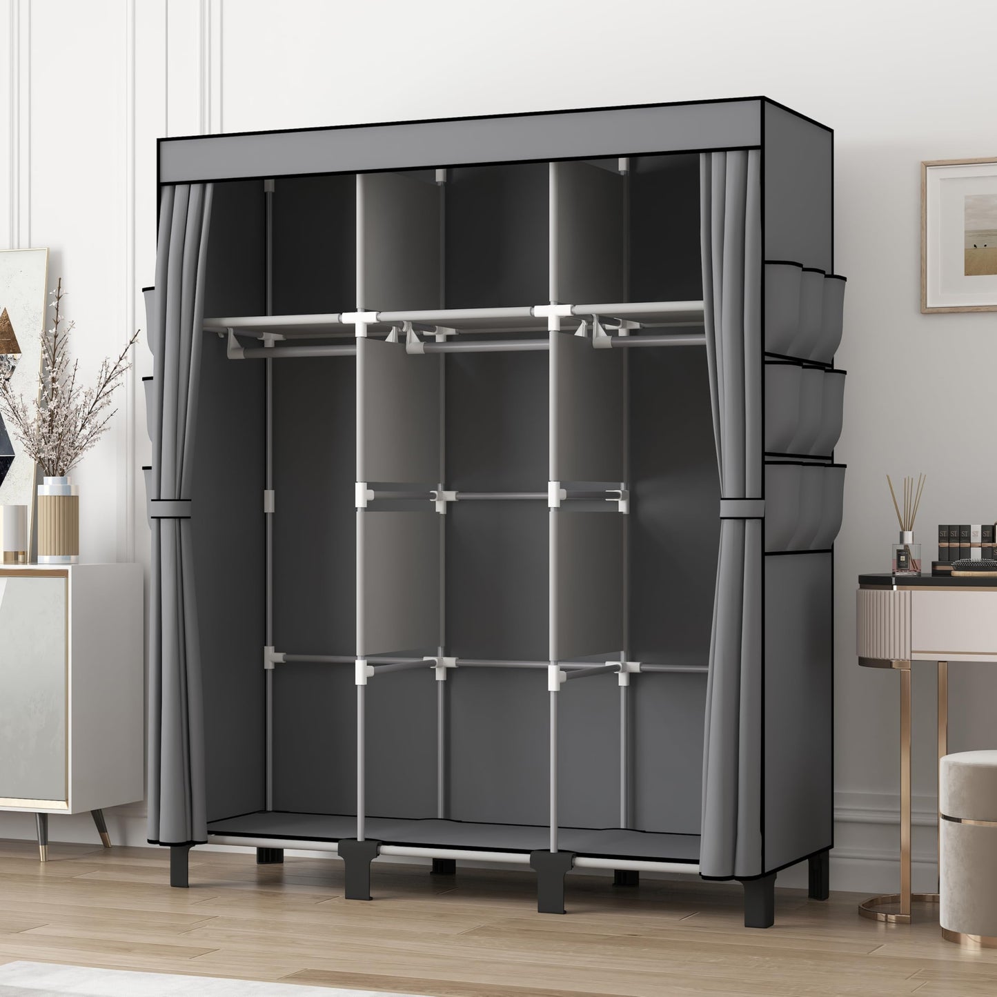 dongliangqinying Portable Fabric Wardrobe, 130x45x170cm Foldable Closet with 3 Hanging Areas and 18 Side Pockets