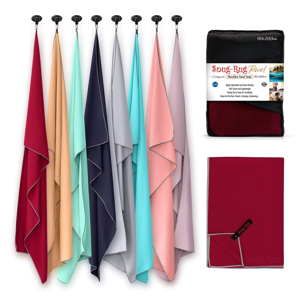 Snug Rug Microfibre Beach Towel Extra Large XL 200 x 90cm ? Super Absorbent Quick Drying Lightweight Sand Proof Beach Towels Jester Red