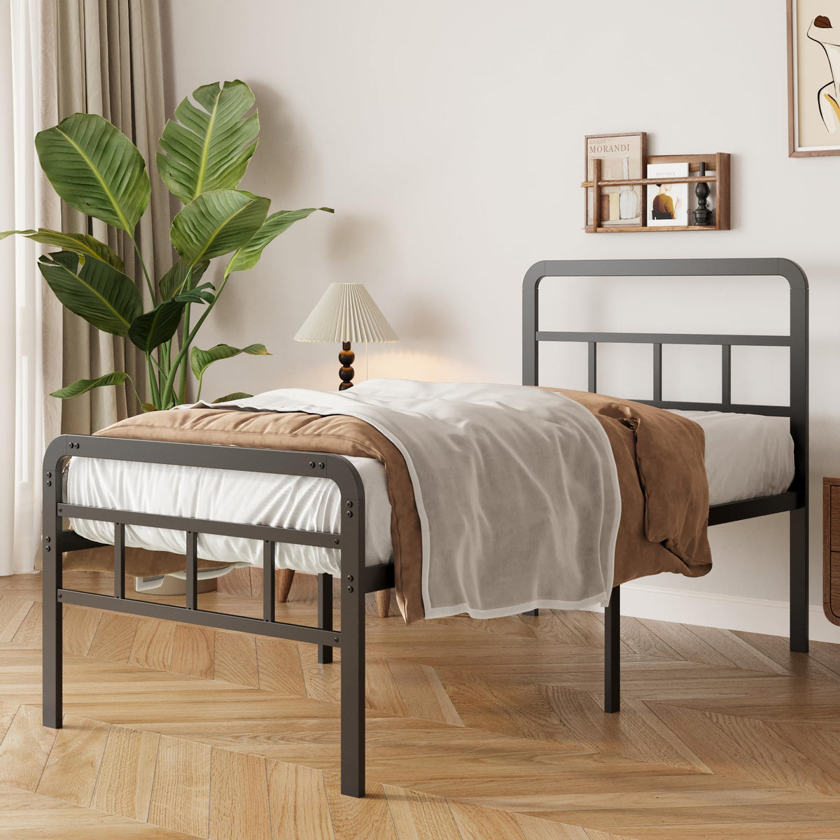 Yicensen 3ft Single Bed Frame with Curved Headboard and Footboard, 46cm Height Single Metal Bed Frame with Heavy Duty Slat Support, Underbed Storage