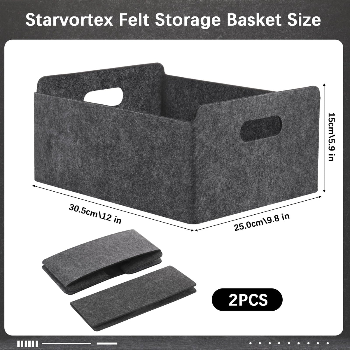 Starvortex 2Pack Felt Storage Basket, Foldable Fabric Storage Box with Handle, Wardrobe Storage Boxes, Drawer Organiser Clothes