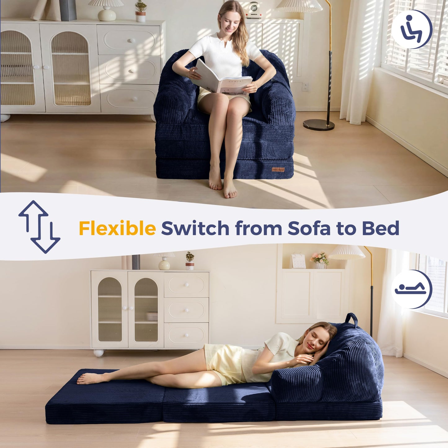 MAXYOYO Folding Sofa Bed with Backrest, Boneless Fold Out Couch Bed with Handle, 2 in 1 Convertible Bean Bag Chair to Floor Sofa Lounger