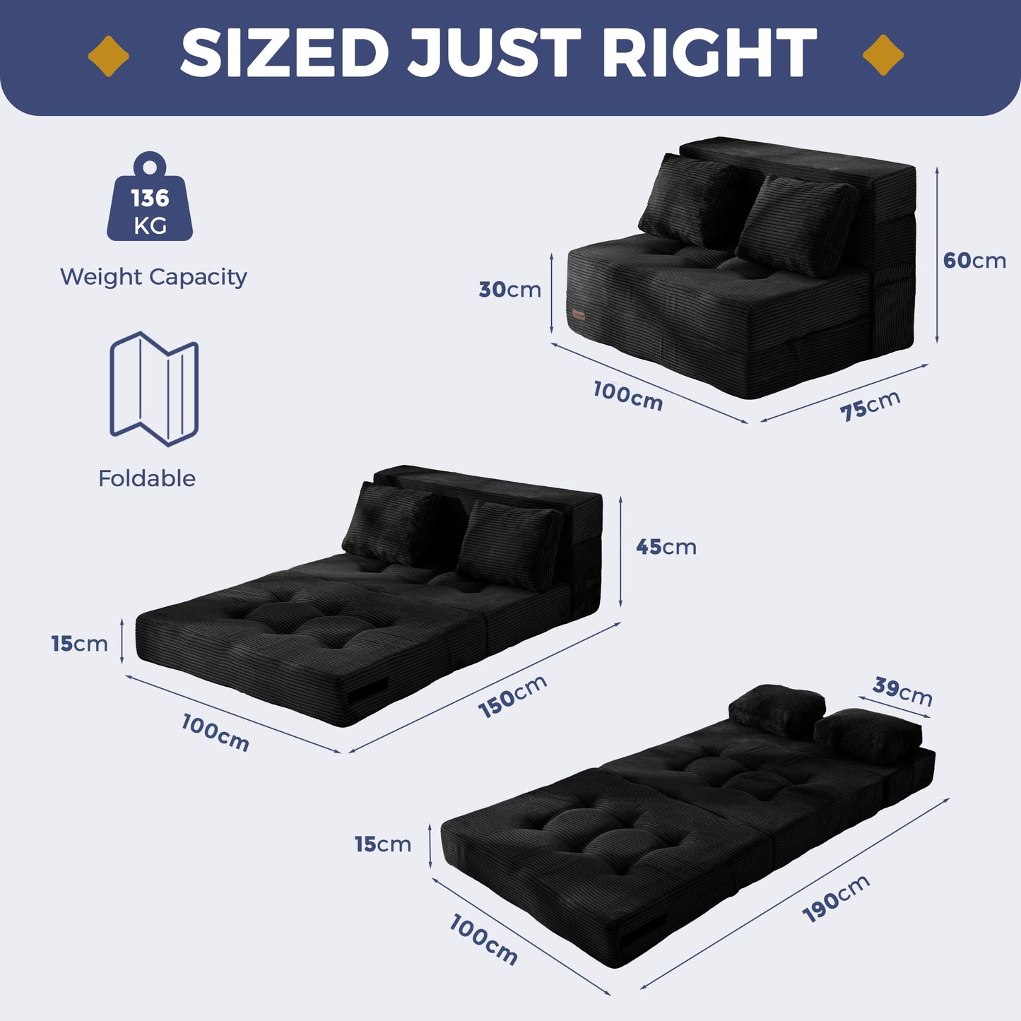 MAXYOYO Folding Foam Sofa Bed, Tri-Fold Mattress with Pillow, Convertible Sofa Chair Futon Z Bed with 15cm Thincken Foam, Portable 3 in 1 Floor Couch