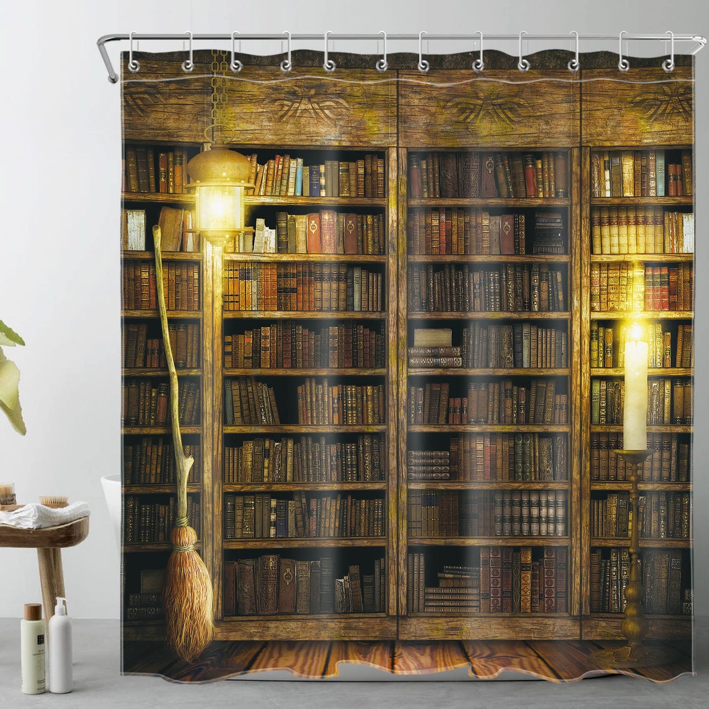 LB Witch Shower Curtain Magic Book Shelf Flying Broom Shower Curtains for Bathroom Magical Wood Cabin Halloween Bathroom Curtain,72x72 Inches