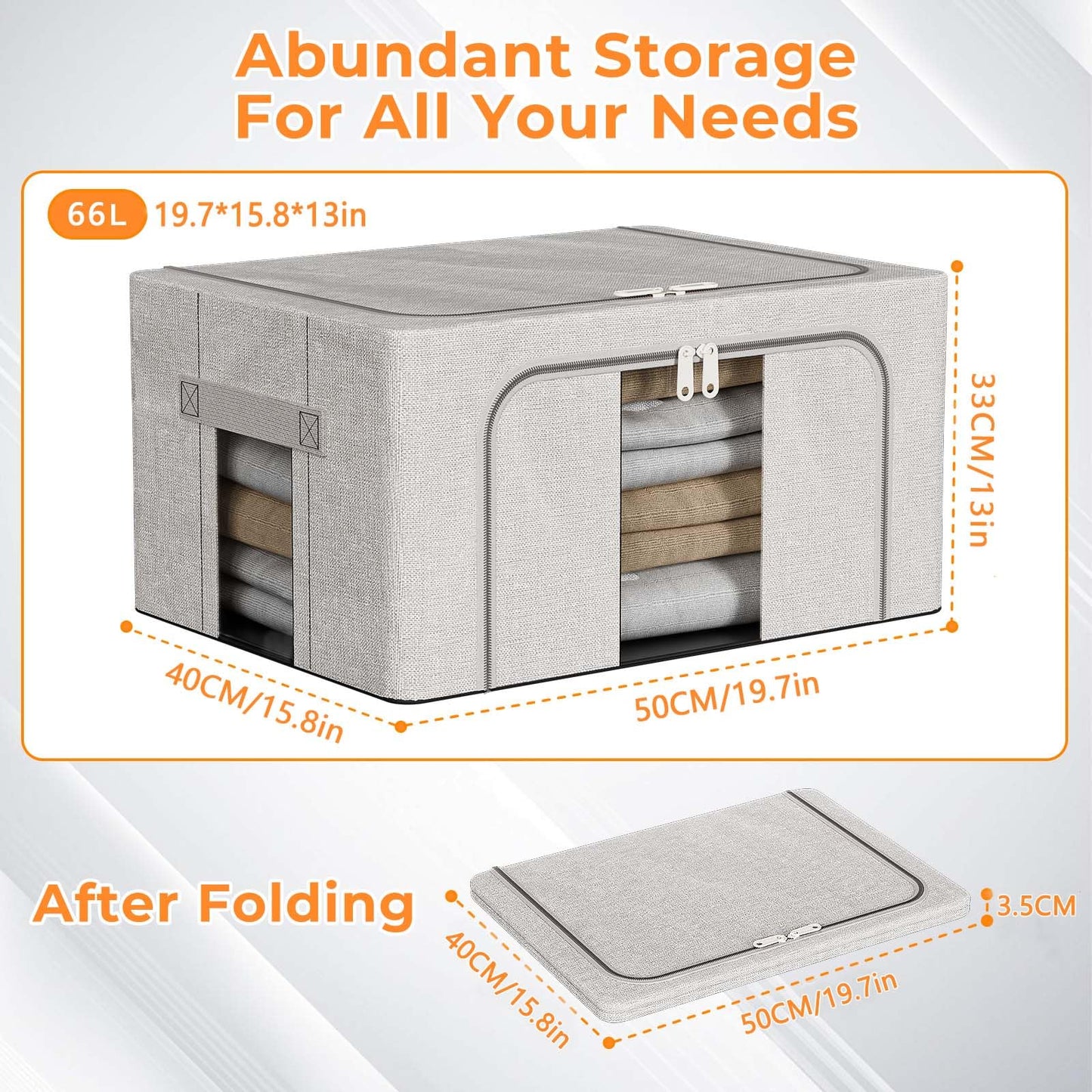 Boic 66L Clothes Storage Boxes With Metal Frame, 3 Pack Foldable Clothes Storage Organiser Storage Boxes With Lids Foldable Storage Box For Clothes