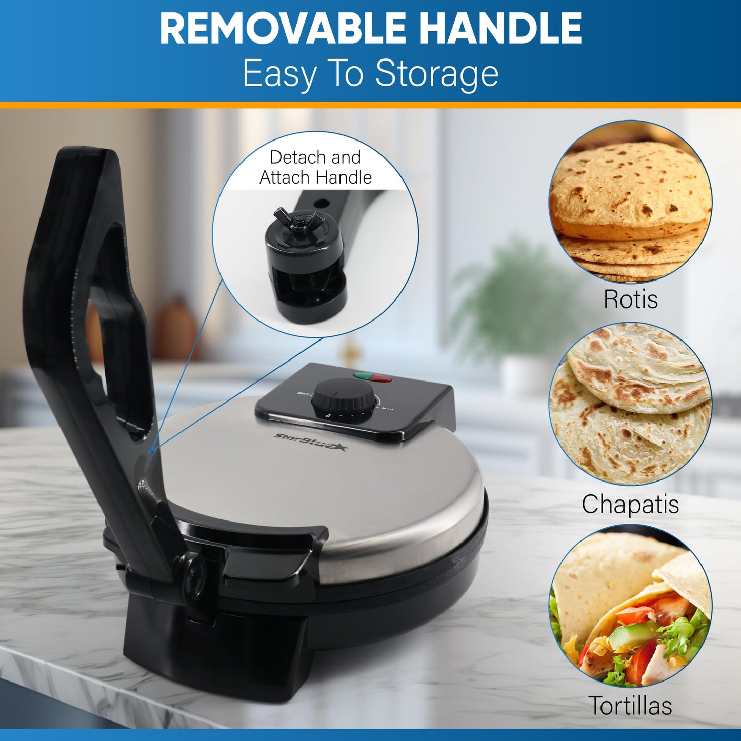 StarBlue 25.4cm Roti Maker Machine with Free Roti Heater and Removable Handle - Indian Chapati, Tortilla, Roti AC220-240V 50/60Hz 1200W, UK Plug
