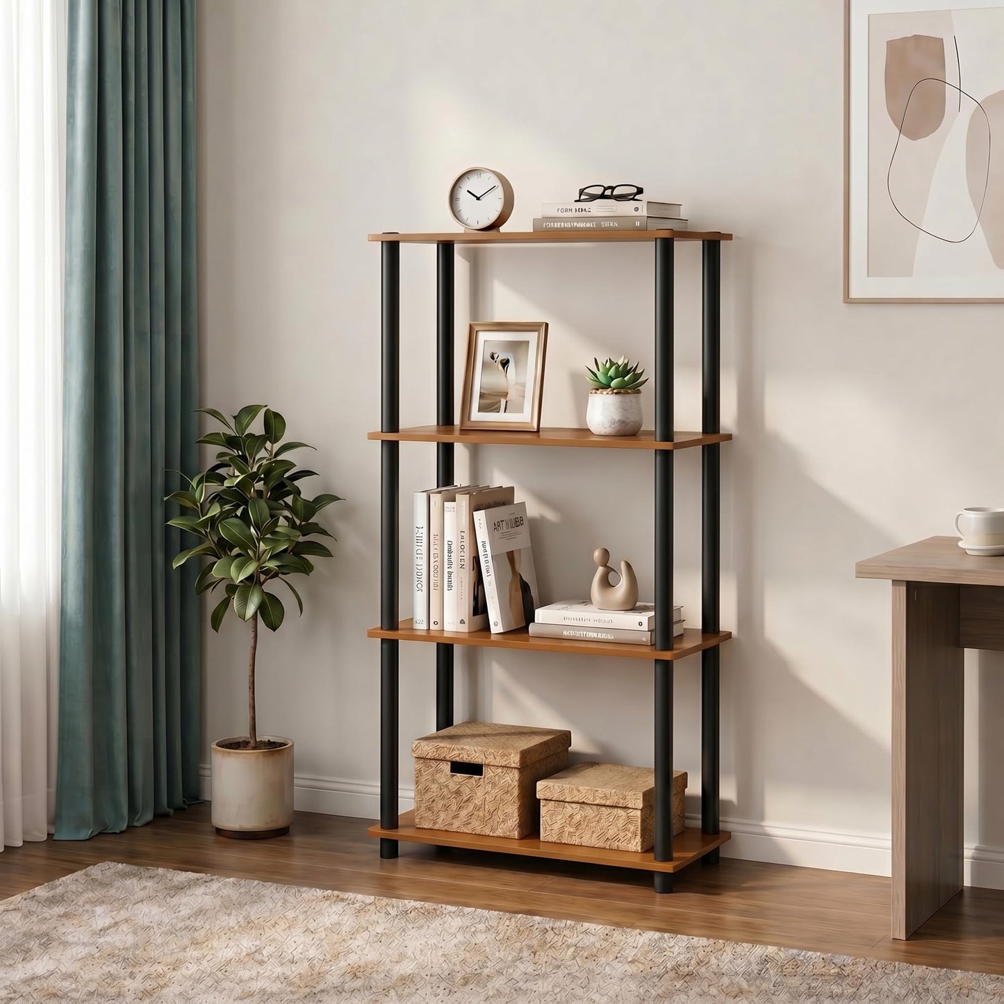 Furinno TURN-N-TUBE Storage Shelves, 4-Tier Book Shelf, Corner Shelf, Toolless Open Shelves, for Organization and Storage, Living Room, Bedroom
