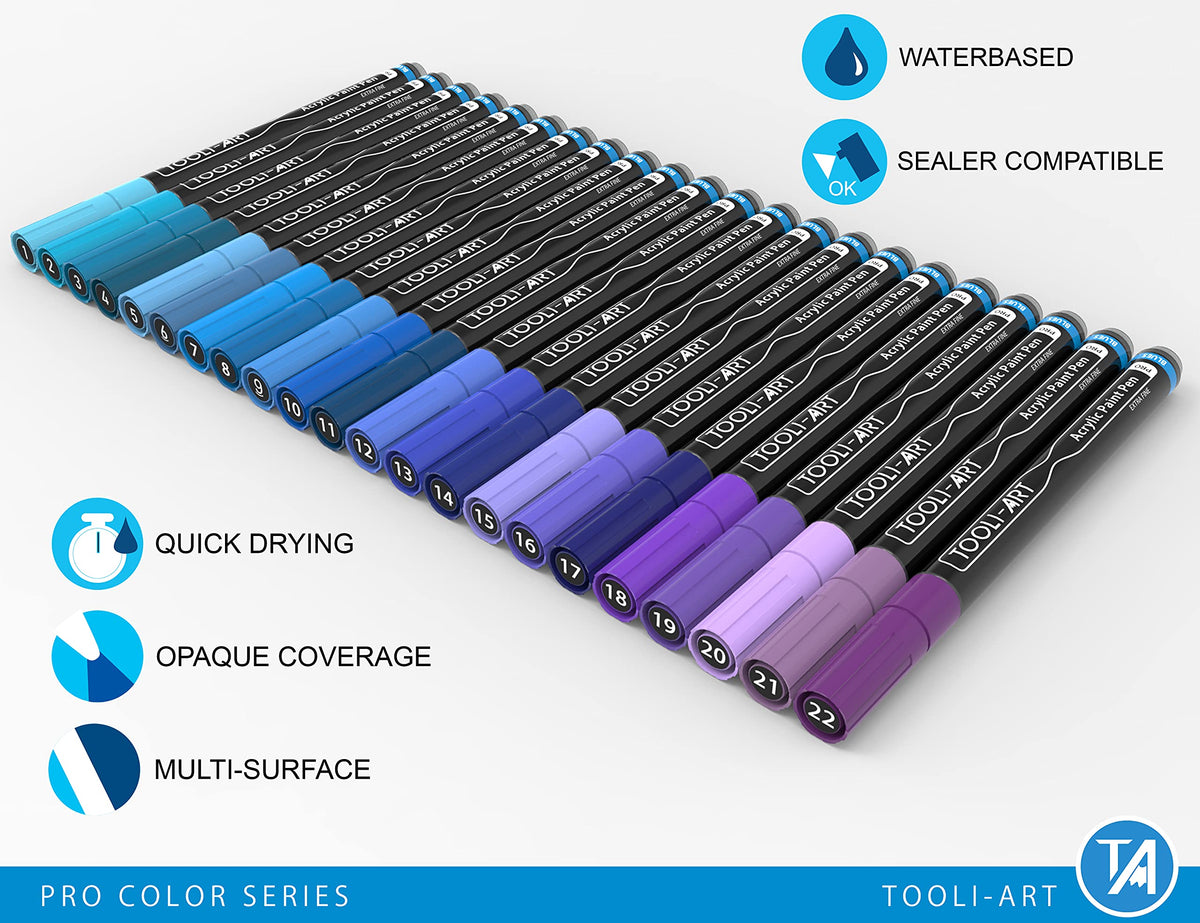 Acrylic Paint Pens 22 Blue & Purple Tones Assorted Pro Colour Series Markers Set 0.7mm Extra Fine Tip for Rock Painting, Glass, Mugs, Wood, Metal,