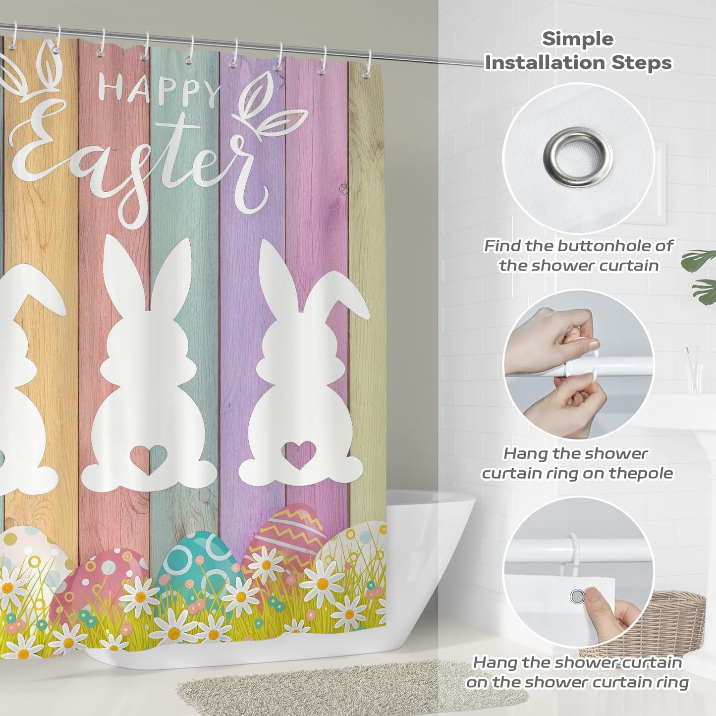 BREASOME Spring Easter Bunny Shower Curtain 180 x 180 cm Cute Rabbit Egg Floral Shower Curtain for Bathroom Decor Mould Proof Waterproof Polyester