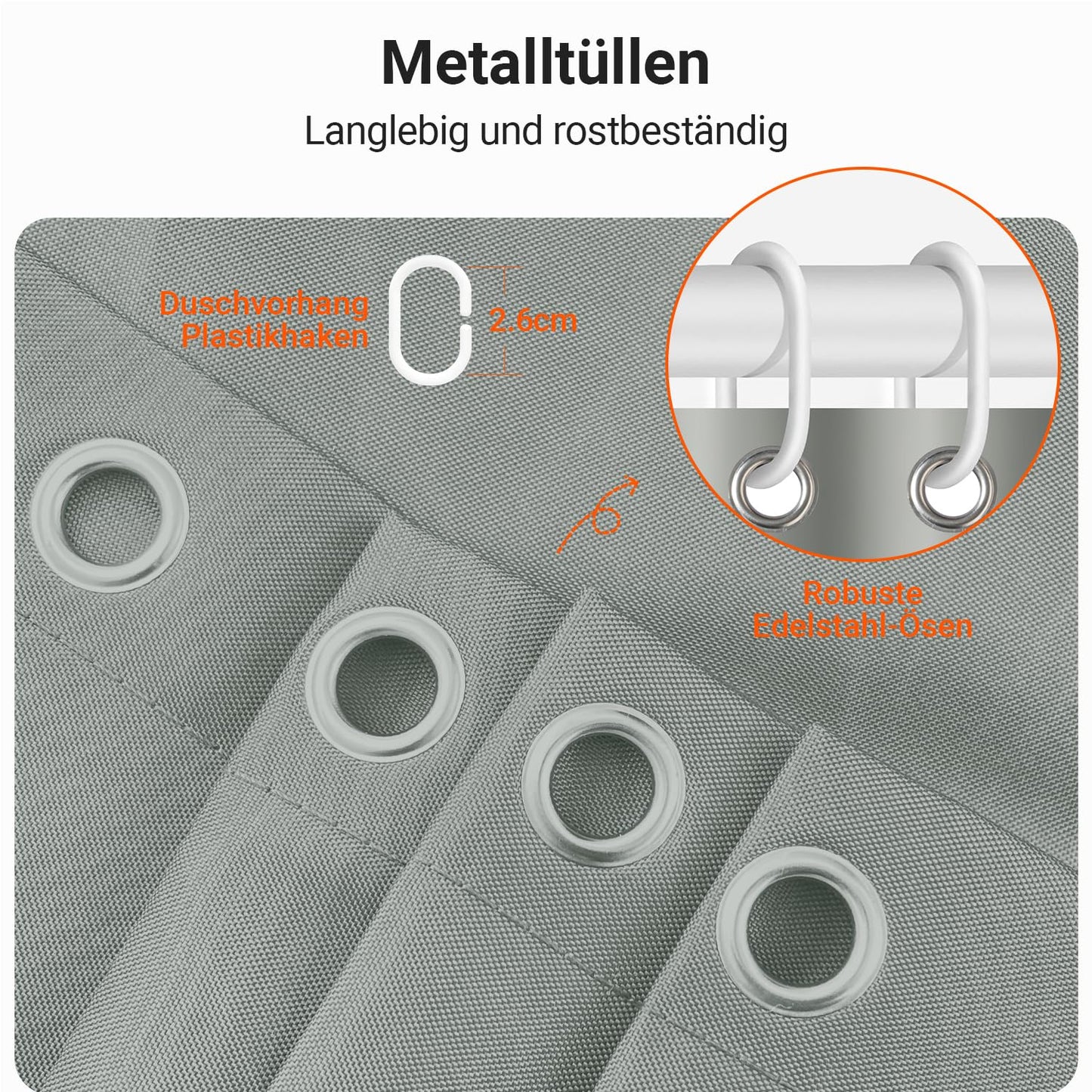 Lerores Shower Curtain, 180 x 190 cm, Grey, Weighted Hem, Anti-Mould Textile, Water-Repellent, Washable Polyester Fabric Bath Curtains for Bathroom