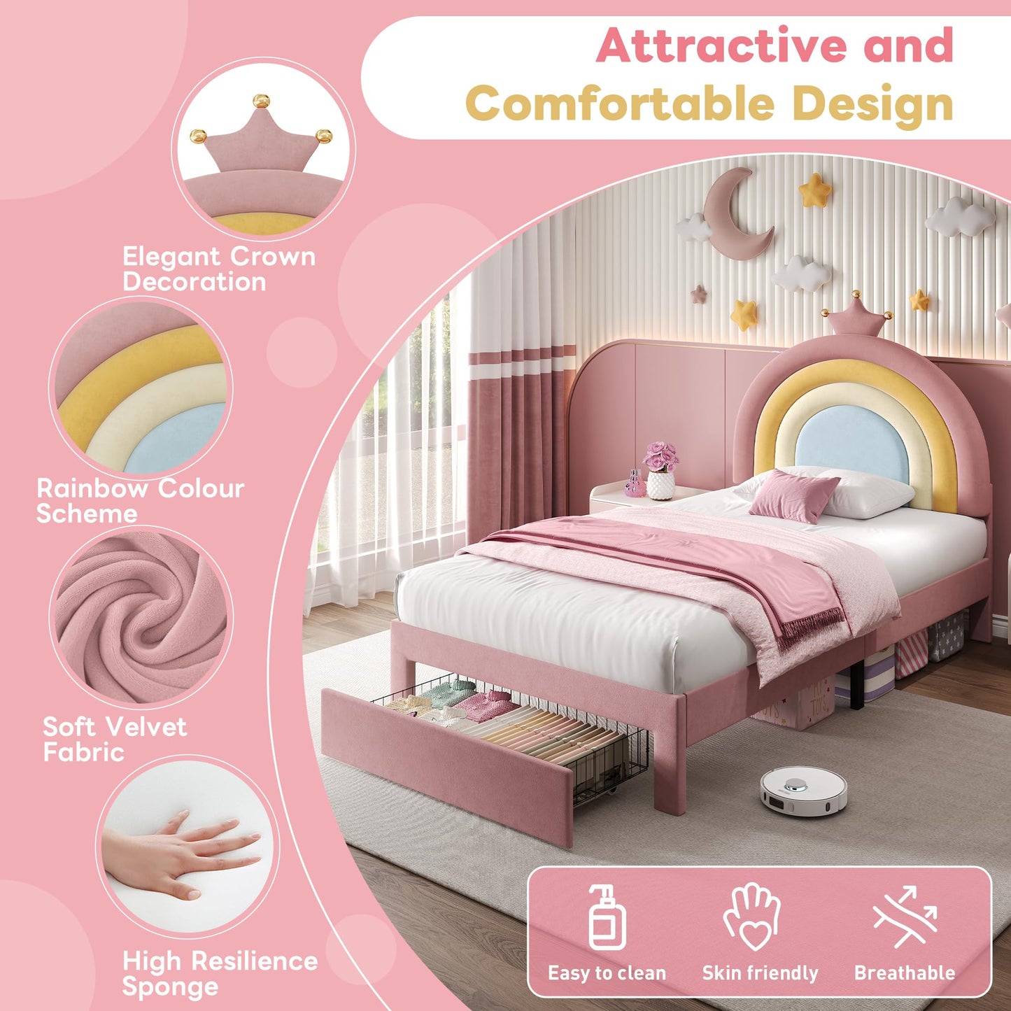 Ball & Cast 3ft Single Upholstered Bed with Adjustable Rainbow Headboard, Soft Velvet Bed Frame with Storage Drawer