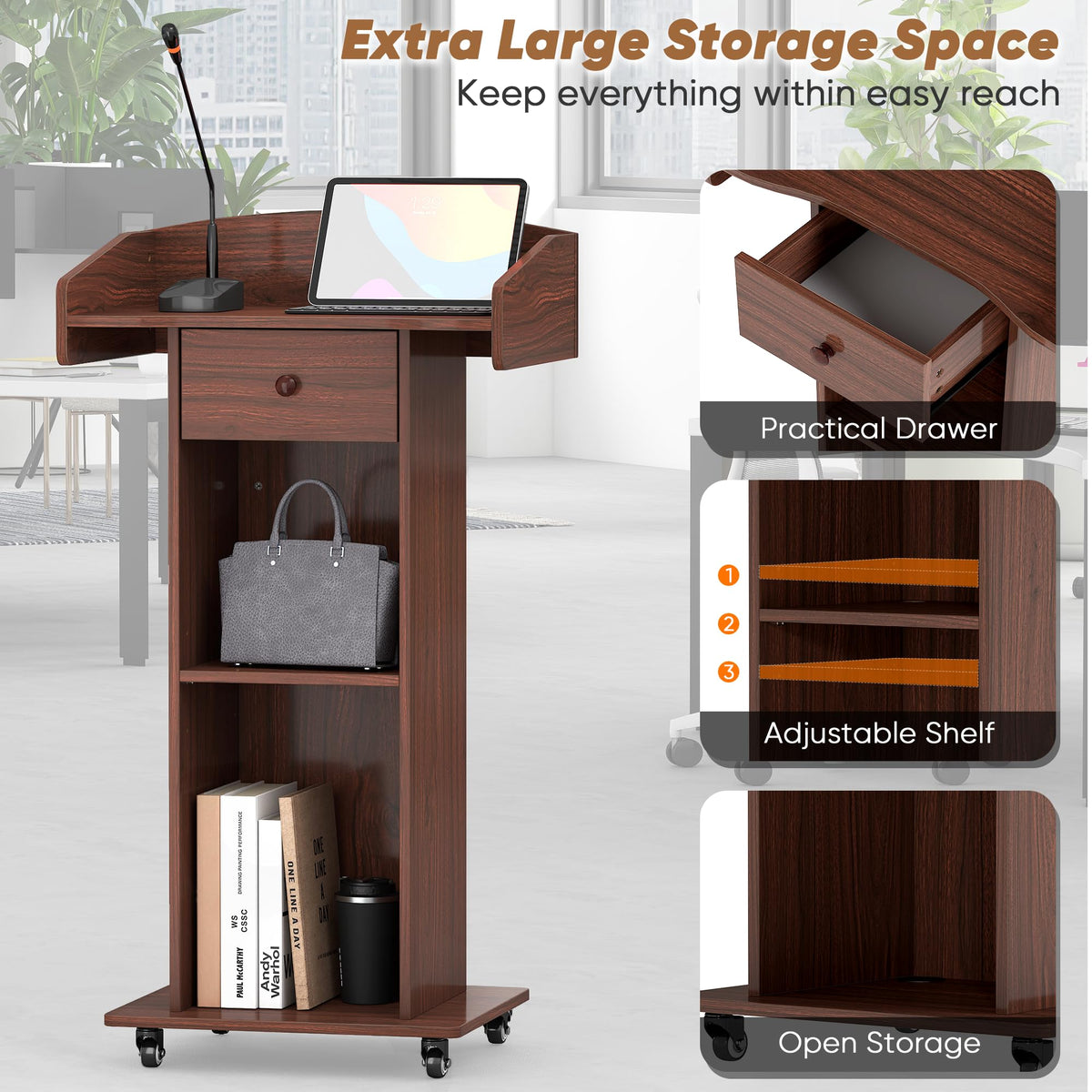 Suuiwau Podium Stand with Wheels & Concealed Cable Hole for Mics