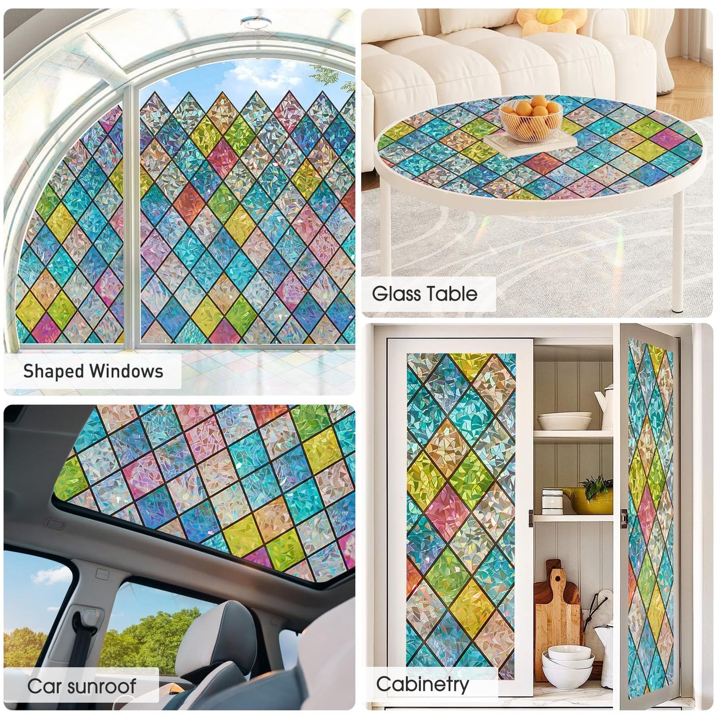 Lifetree Stained Glass Window Film: 3D Rainbow Window Film Privacy self Adhesive No Glue Window Privacy Film Crescent Patterned Vinyl Film UV Blocking