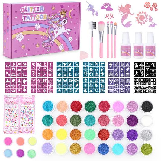 Highttoy Glitter Tattoos for Kids, Unicorn Temporary Glitter Tattoo Kit, 32 Colors Glitter, 6 Light Up Powder, 150 Stencils, 5 Brushes, 3 Glues, 2