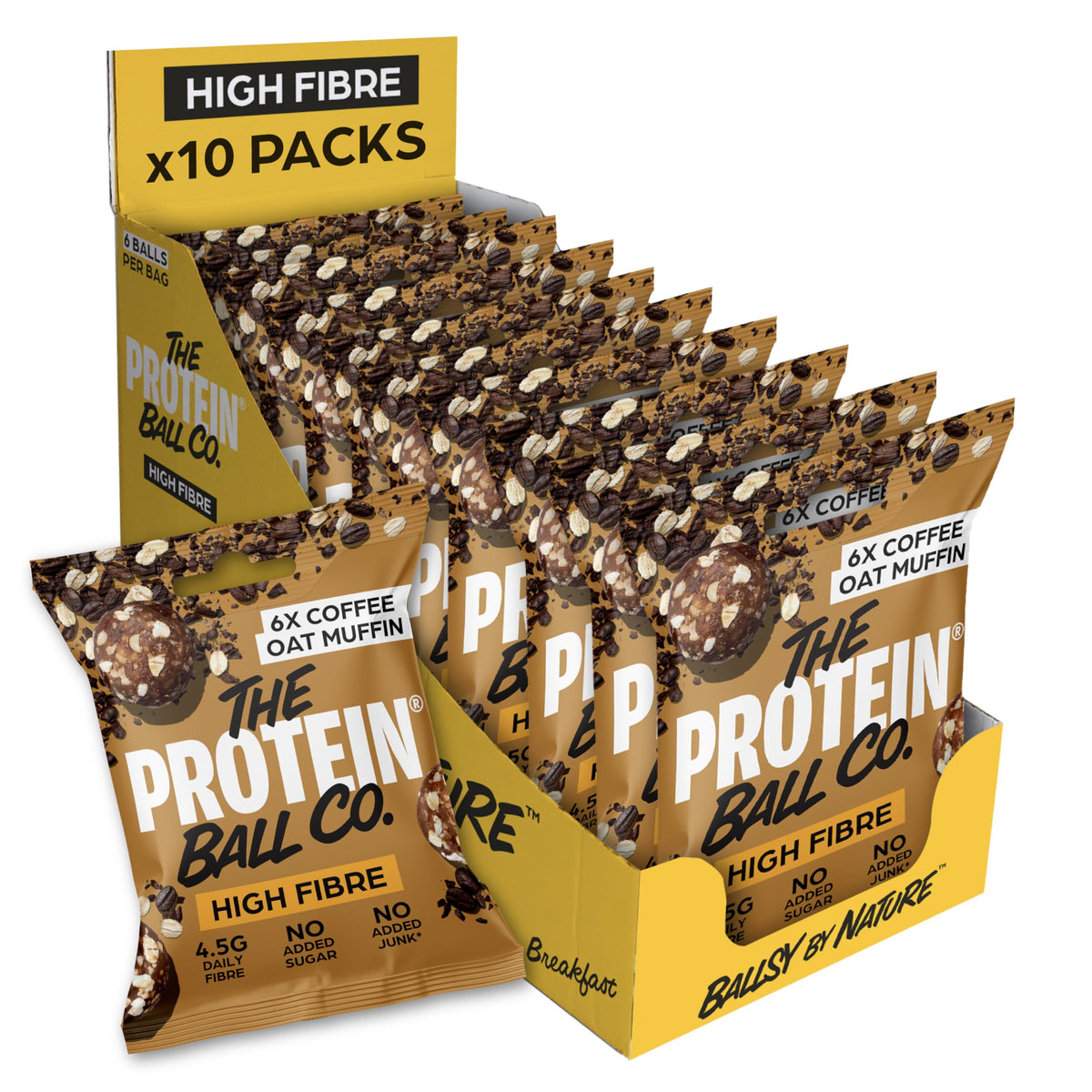 The Protein Ball Co Coffee Oat Muffin Protein Balls - High Fibre Snacks - Gluten-Free, No Added Sugar - Healthy Energy Balls, Box of 10 Bags