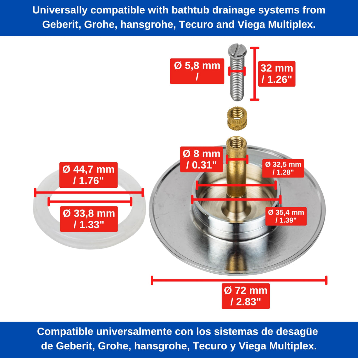 Brass bath plug, 1 pack, Ø 72 mm valve cone, high-gloss chrome, suitable for Viega Rotaplex, Hansgrohe, Grohe drain set, 34-52 mm eccentric spigot