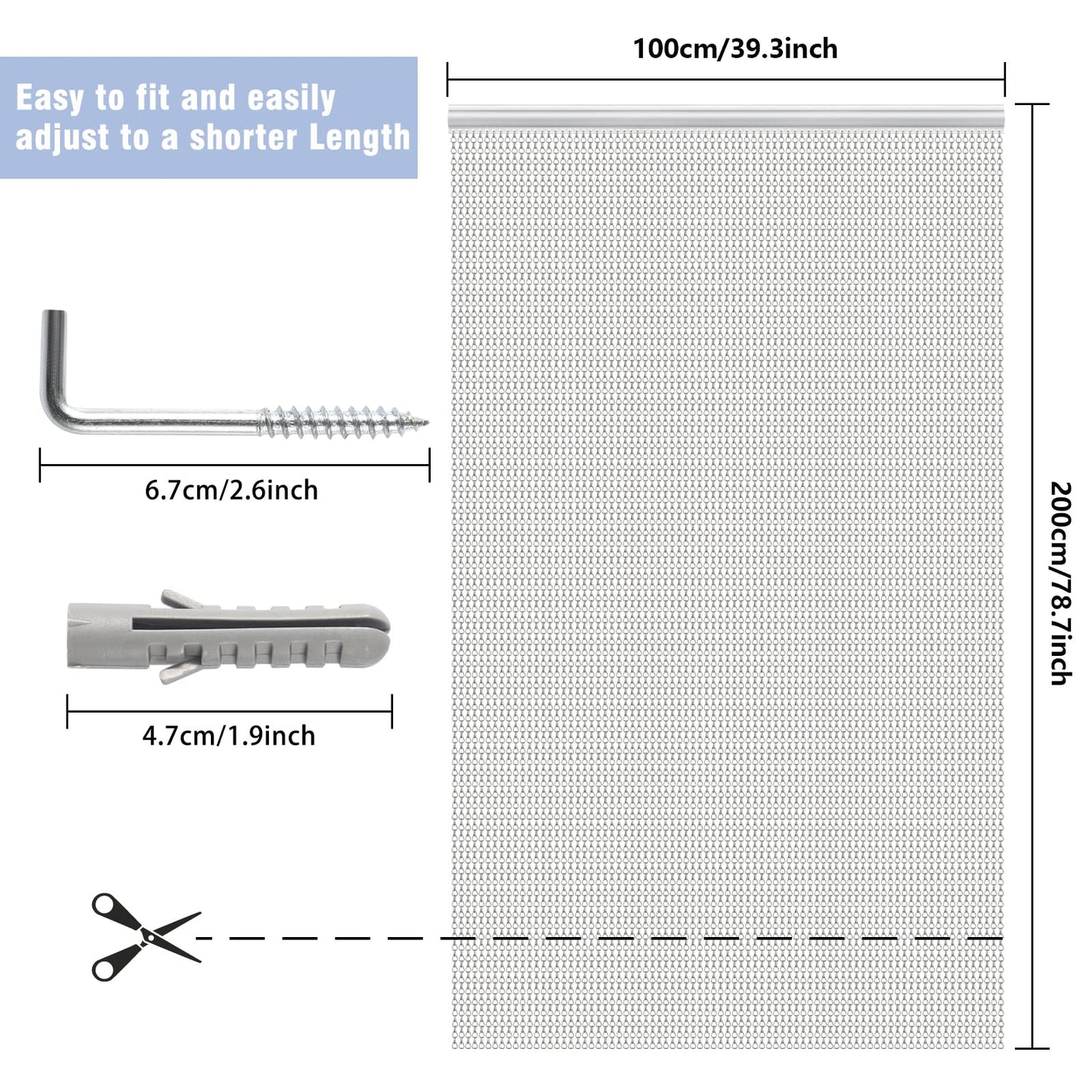 VerRich Chain Curtain Door Fly Screens 100 x 200cm Aluminium Insect Screen for doorways Silver