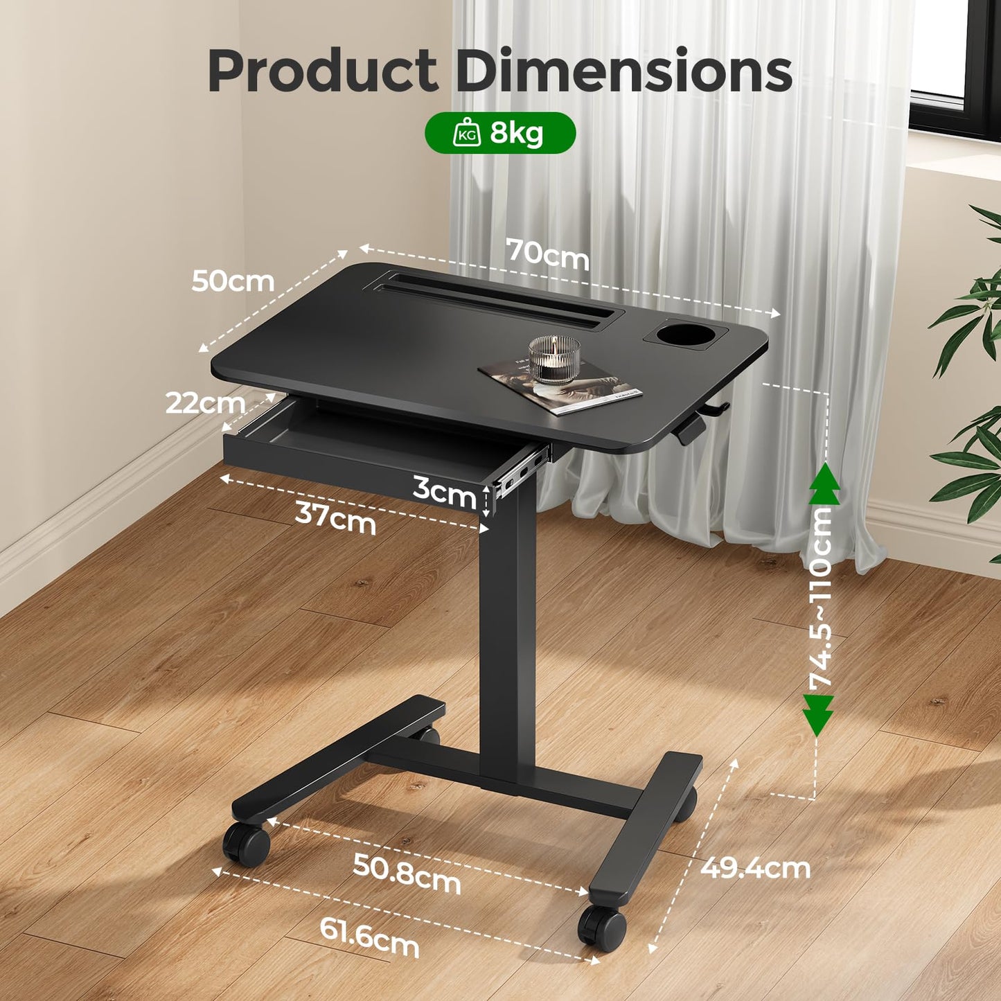 Gibbon Mounts 70x50cm Rolling Standing Desk with Drawer Height Adjustable