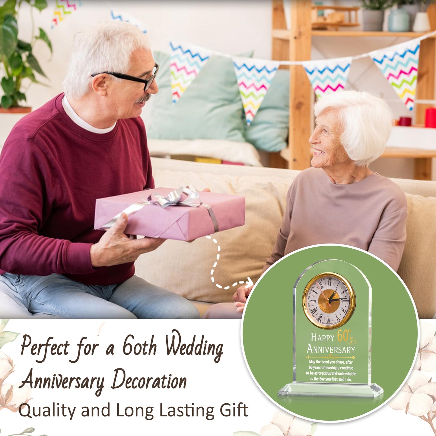 OkiyiD 60th Anniversary Wedding Gift, Anniversary Quartz Clock, Desk Table Clock, 60 Years of Marriage, Daimond Wedding for Couple, Parents,