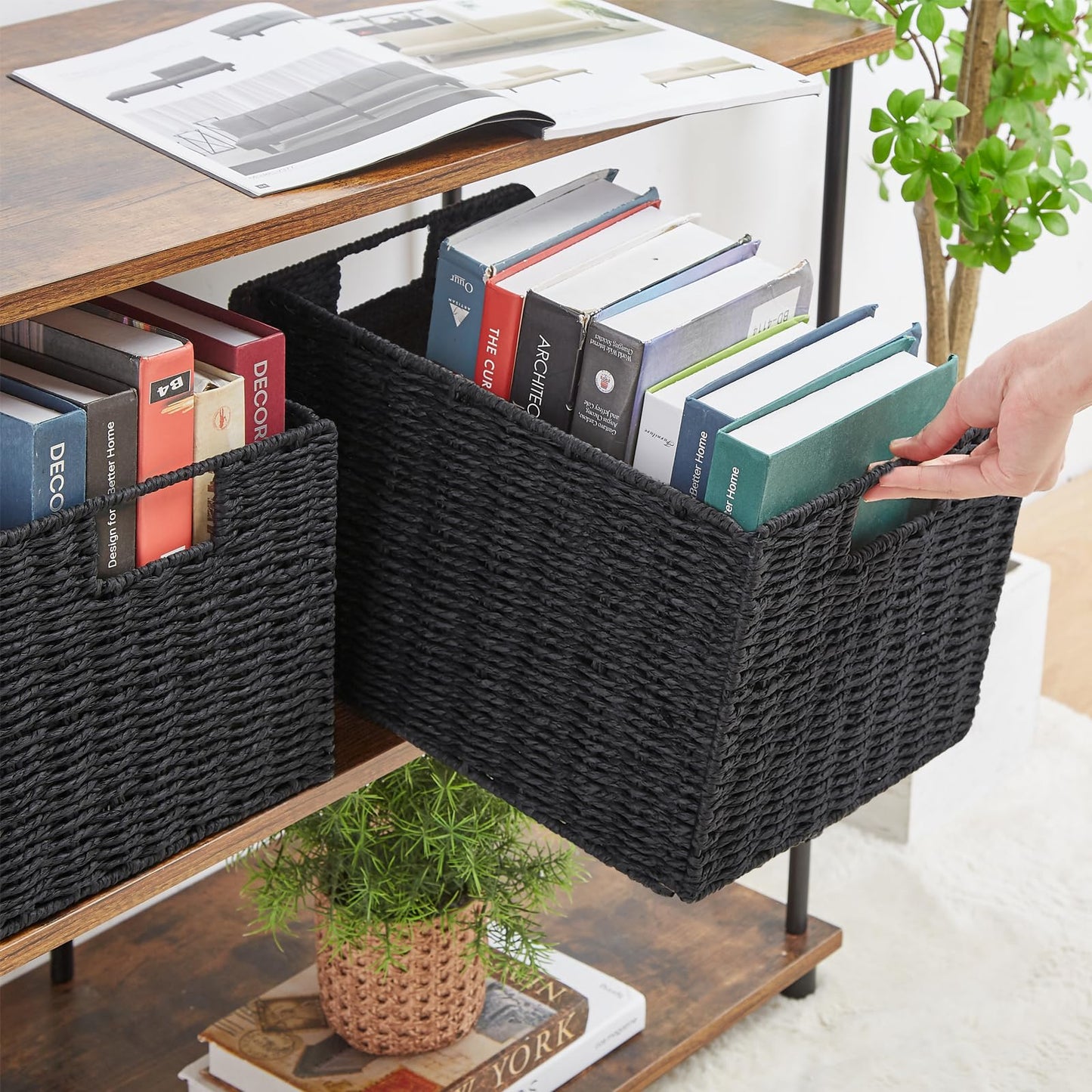 Vagusicc Wicker Storage Basket, Set of 2 Handwoven Storage Baskets for Shelves, Collapsible Storage Box Organiser Shelf Hamper Gift Basket for