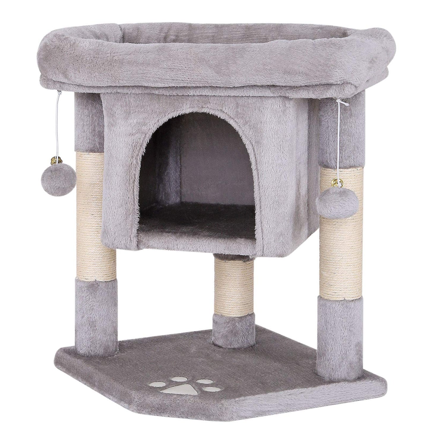 lionto Scratching tree for cats with cave & 2 plush balls incl. bells, height 60 cm, cat tree with robust sisal rope & soft plush, cozy lying surface,