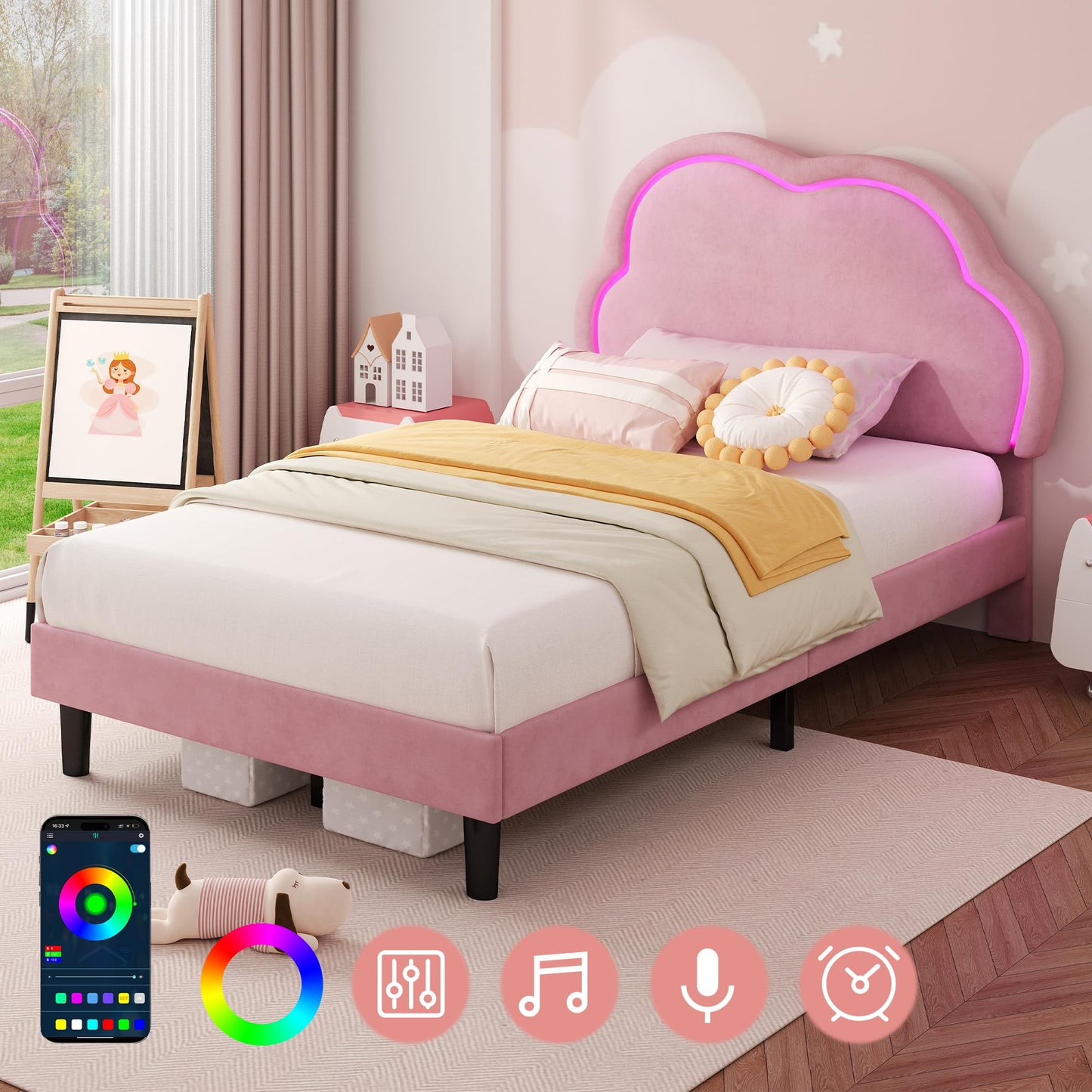 Ball & Cast 3ft Single Upholstered Bed with LED Adjustable Cute Cloud Headboard, Soft Velvet Bed Frame with Solid Wood Slat, No Box Spring Needed