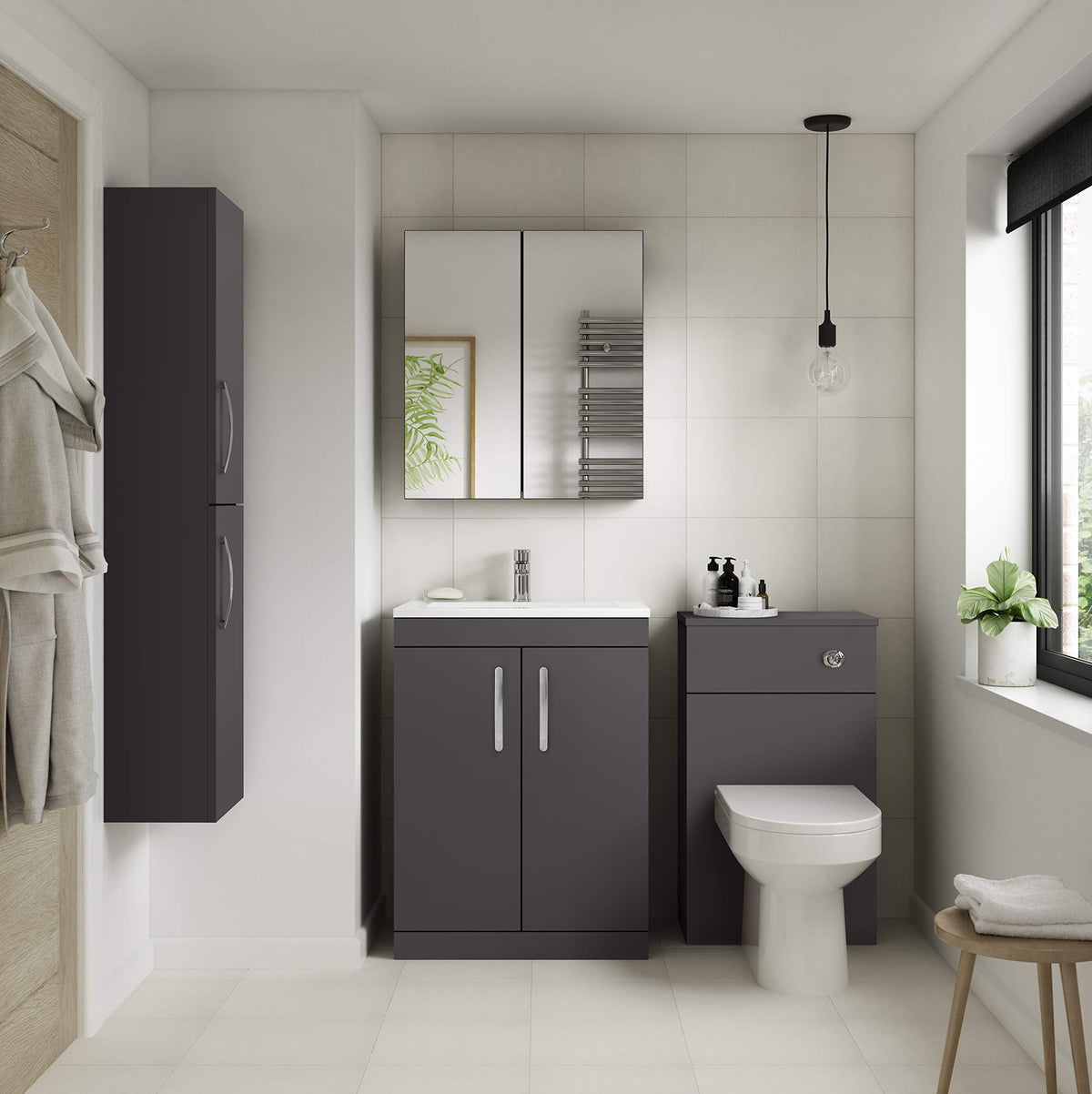 nuie ATH075G Athena Modern Bathroom Floor Standing 2 Soft Close Doors Vanity Unit with Curved Ceramic Basin with 30mm Profile, 600mm, Gloss Grey