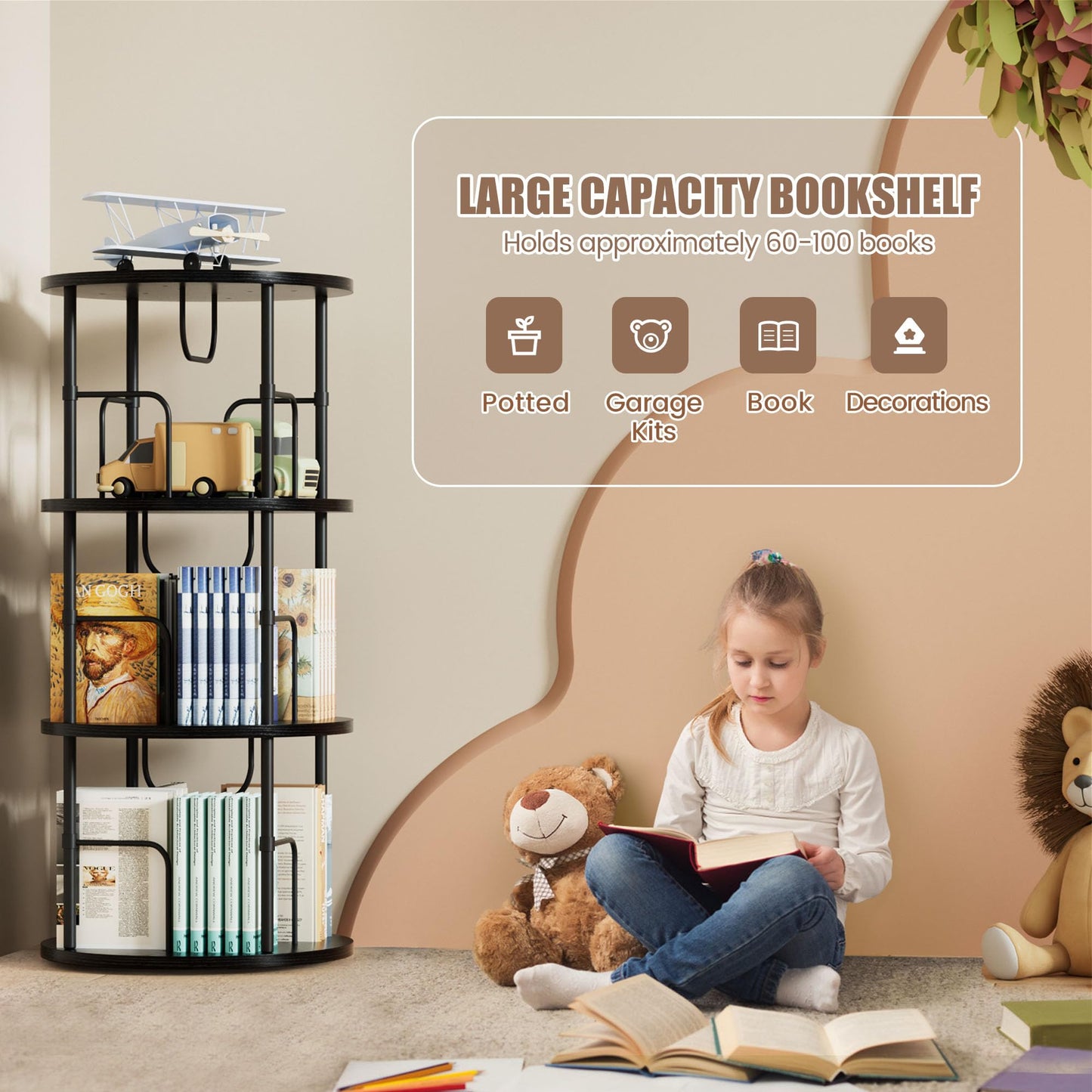 OCTORO 3 Tier Rotating Bookshelf, 360° Corner Bookshelf Tower, Round Revolving Bookcase with Adjustable Levels, Spinning Book Shelf for Home Office
