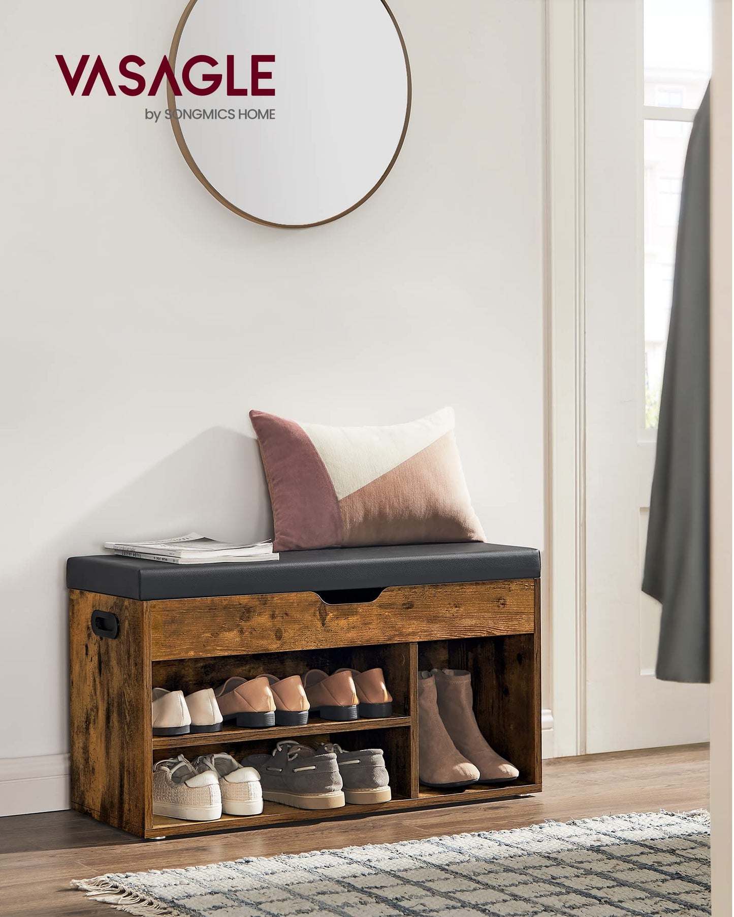 VASAGLE Shoe Bench with Cushion, Storage Bench with Padded Seat, 3 Compartments, Hidden Storage, Shelves, Living Room Lounge Hallway Bedroom, Load