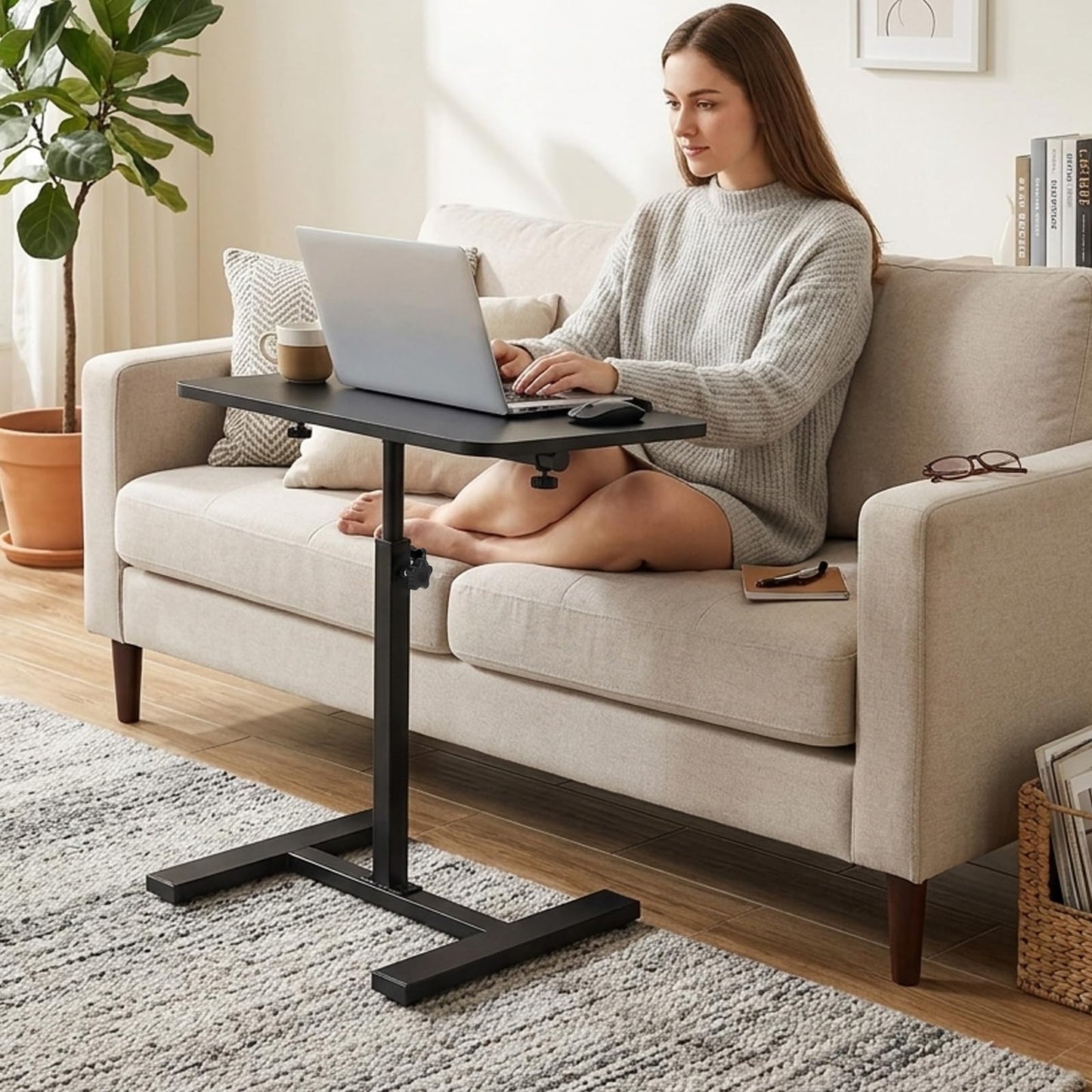 Simcat C Shaped Side Table Adjustable Height,360°Swivel Overbed Table, Top Tilting Laptop Stand Tray Tables with Wheels