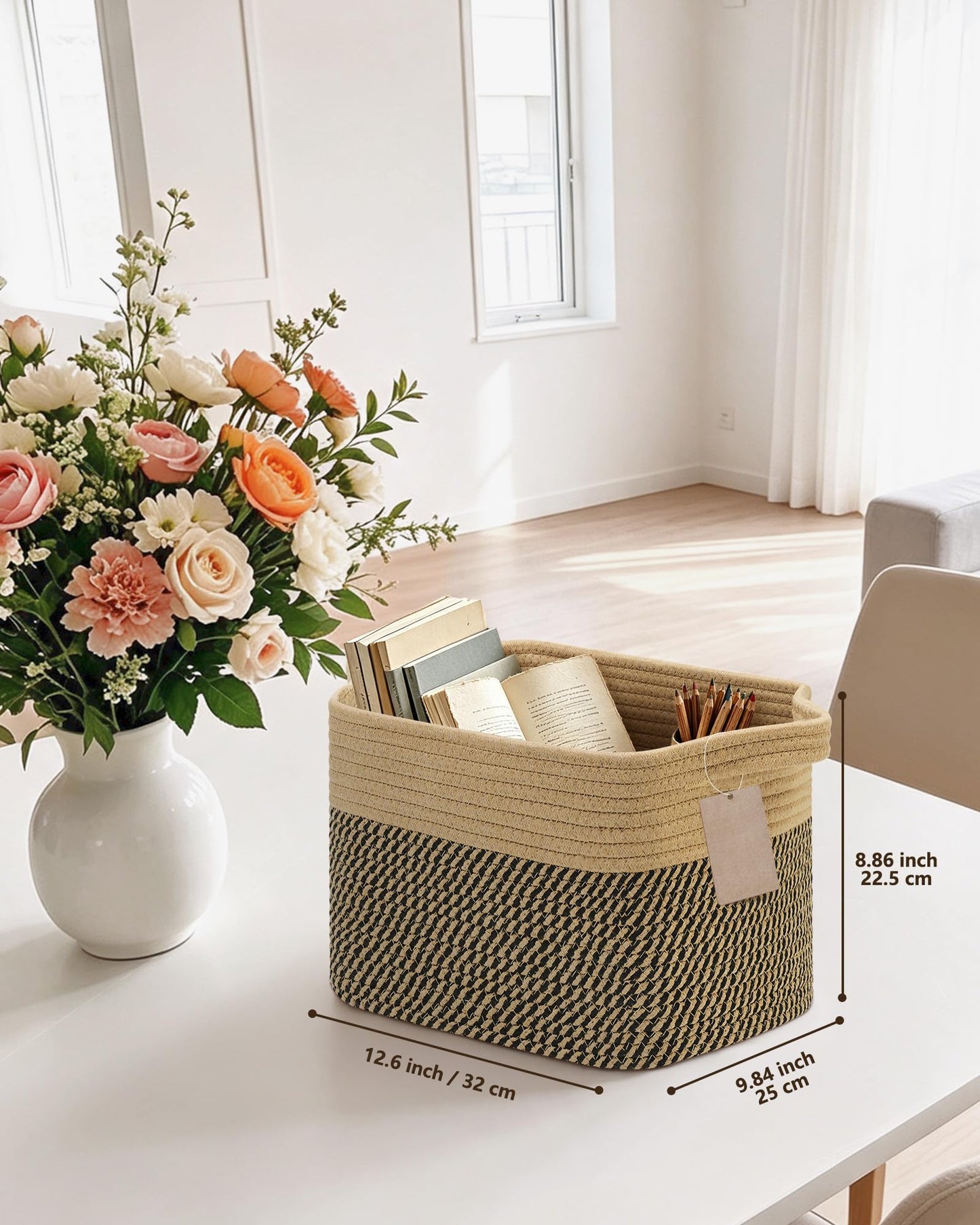 JOJOSEE Small Cotton Rope Woven Storage Basket for Shelves, Black&Brown