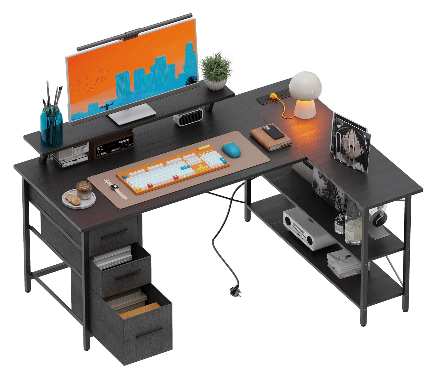 Xyphren Corner Computer Desk with Drawers, 120x80cm Reversible L Shaped Desk with Power Outlet, Home Office Desk with Monitor Stand and PC Stand
